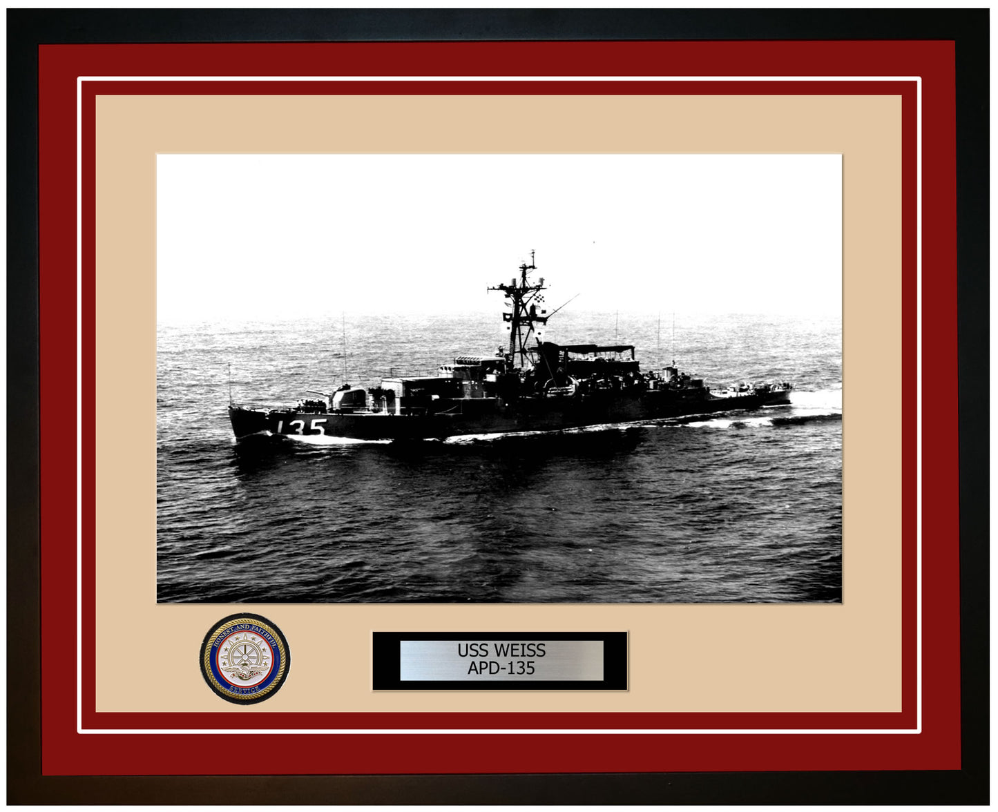 USS Weiss APD-135 Framed Navy Ship Photo Burgundy