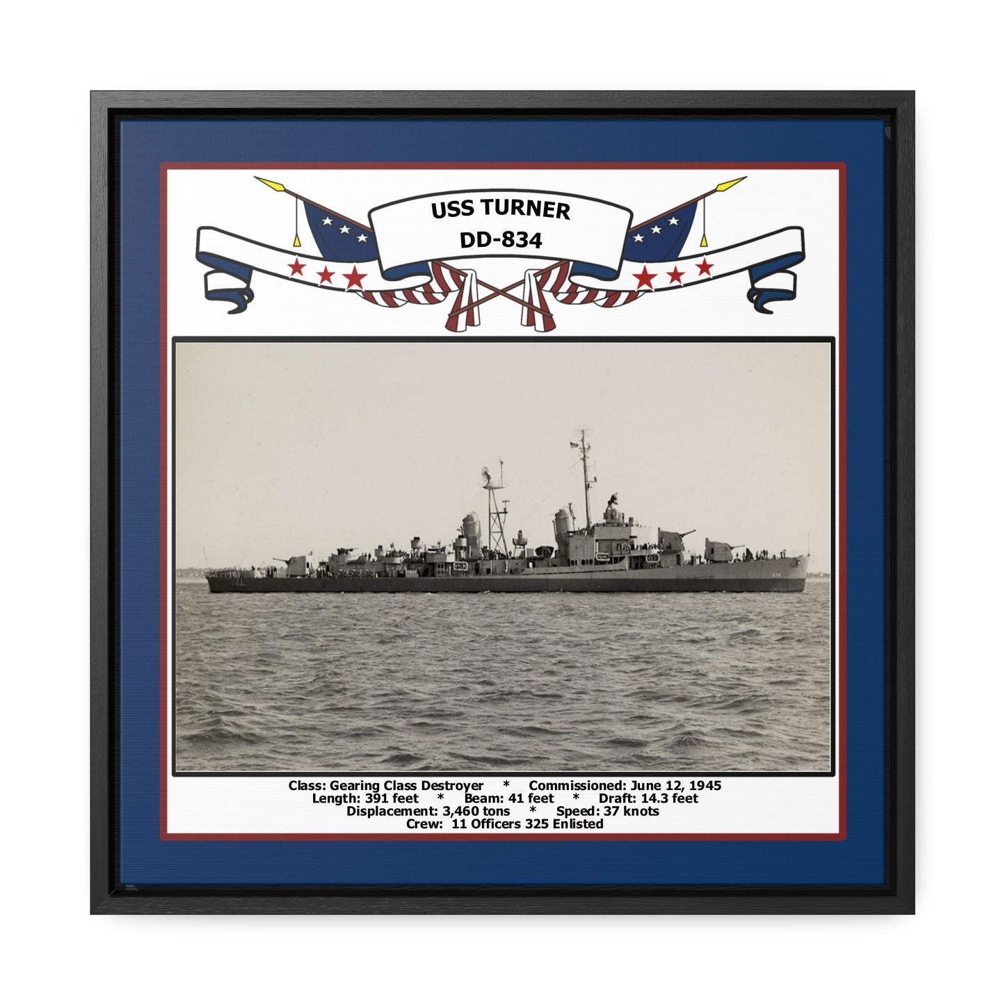 USS Turner DD-834 Navy Floating Frame Photo Front View