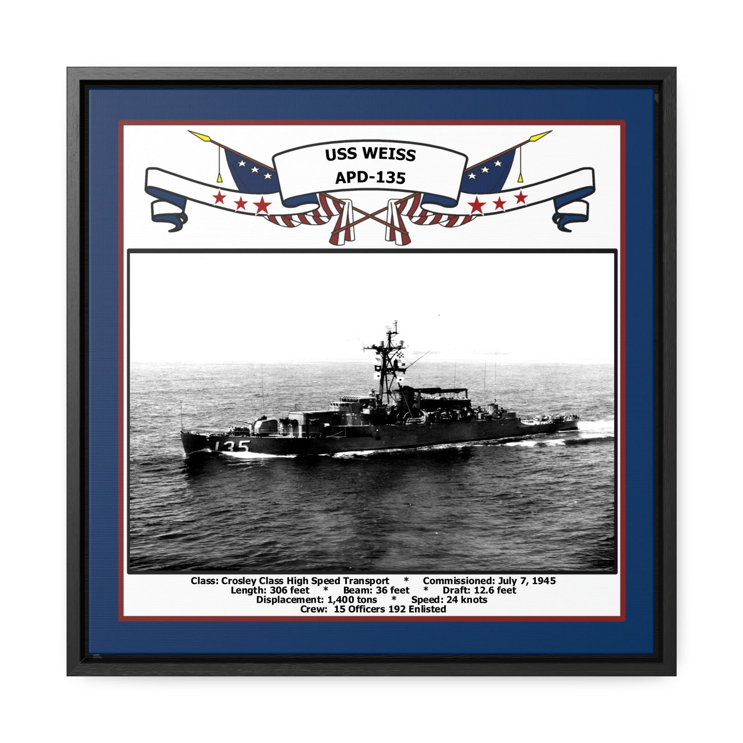 USS Weiss APD-135 Navy Floating Frame Photo Front View
