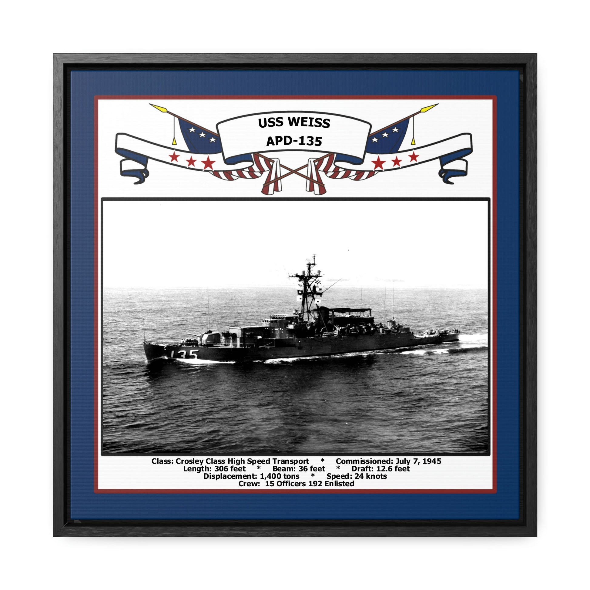 USS Weiss APD-135 Navy Floating Frame Photo Front View