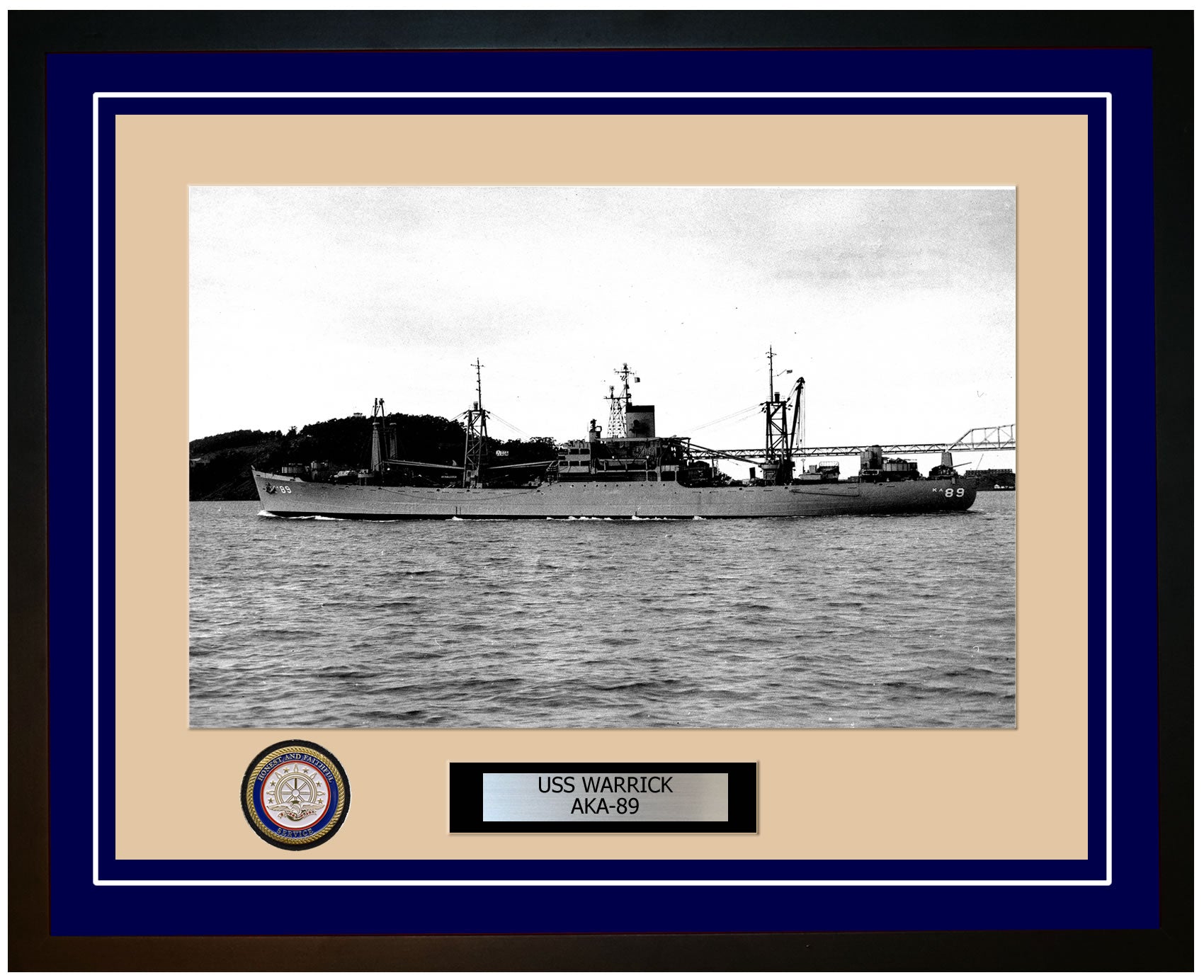 USS Warrick AKA-89 Framed Navy Ship Photo Blue