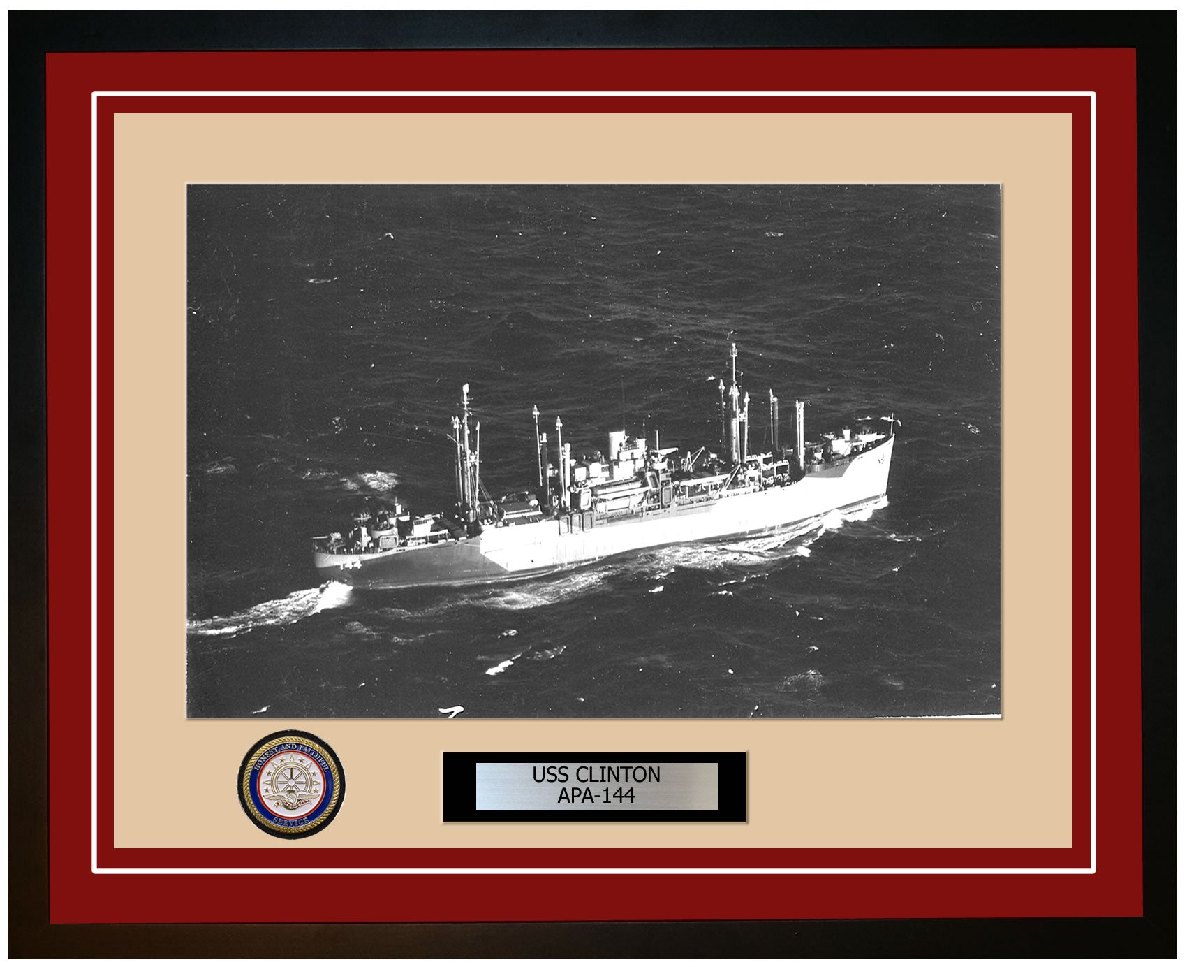 USS Clinton APA-144 Framed Navy Ship Photo Burgundy