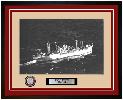 USS Clinton APA-144 Framed Navy Ship Photo Burgundy
