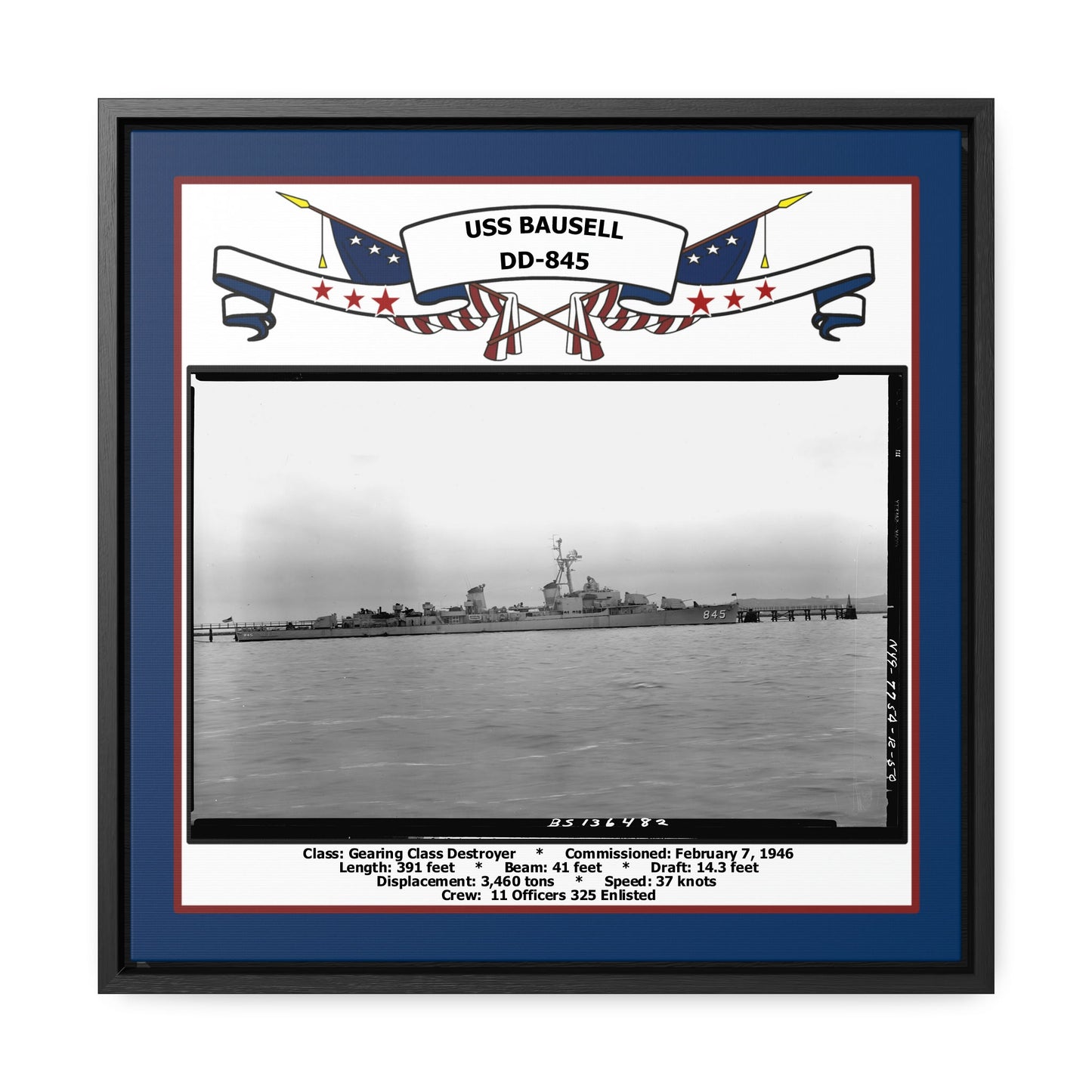USS Bausell DD-845 Navy Floating Frame Photo Front View