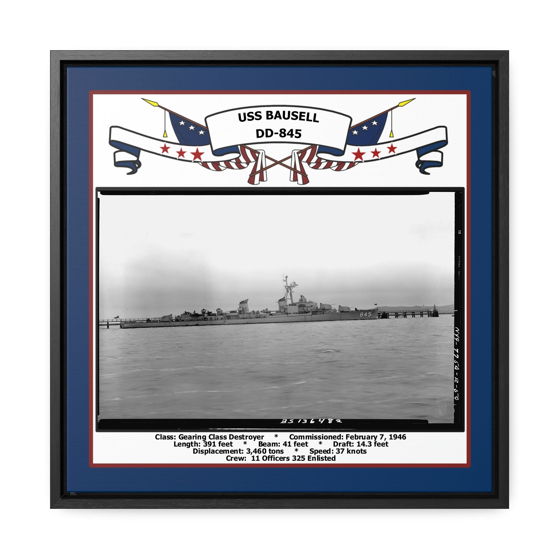 USS Bausell DD-845 Navy Floating Frame Photo Front View