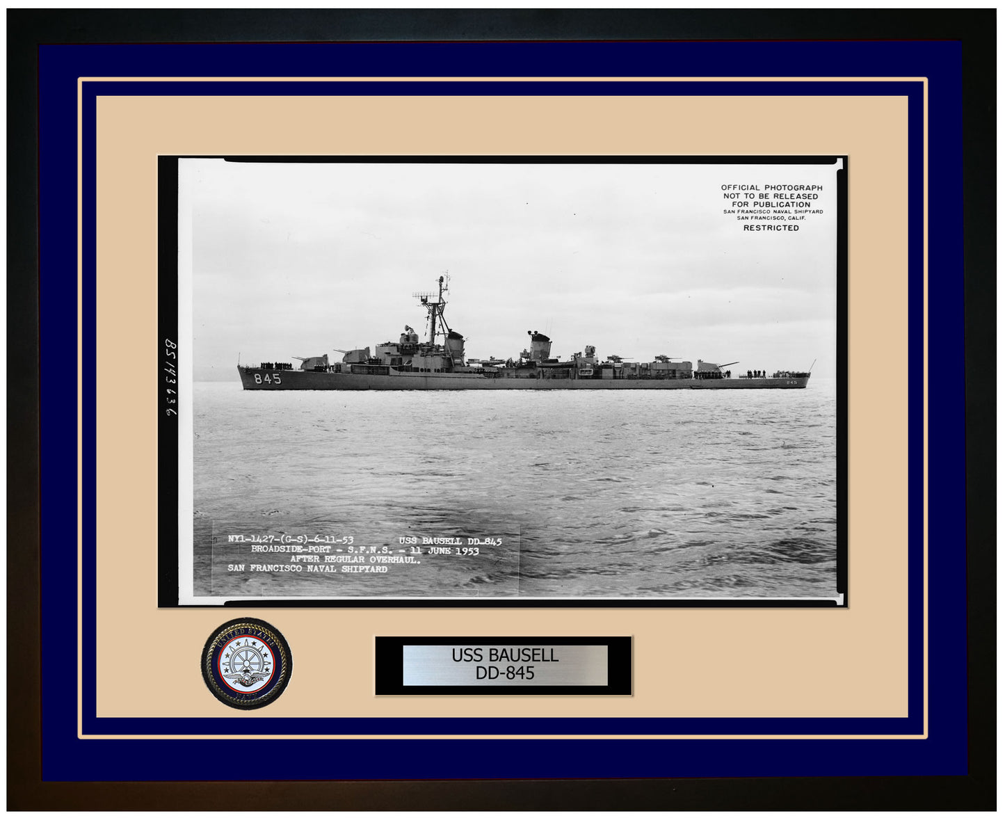 USS BAUSELL DD-845 Framed Navy Ship Photo Blue
