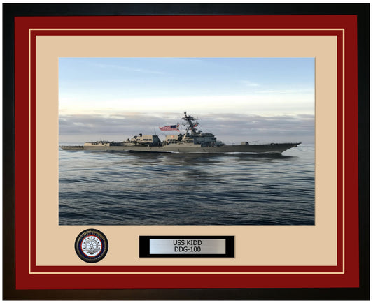 USS KIDD DDG-100 Framed Navy Ship Photo Burgundy