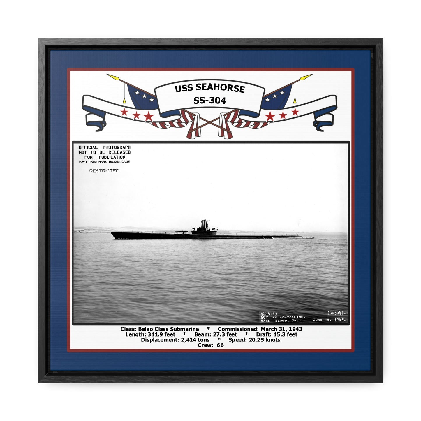 USS Seahorse SS-304 Navy Floating Frame Photo Front View