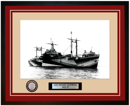 USS Mount Olympus AGC-8 Framed Navy Ship Photo Burgundy