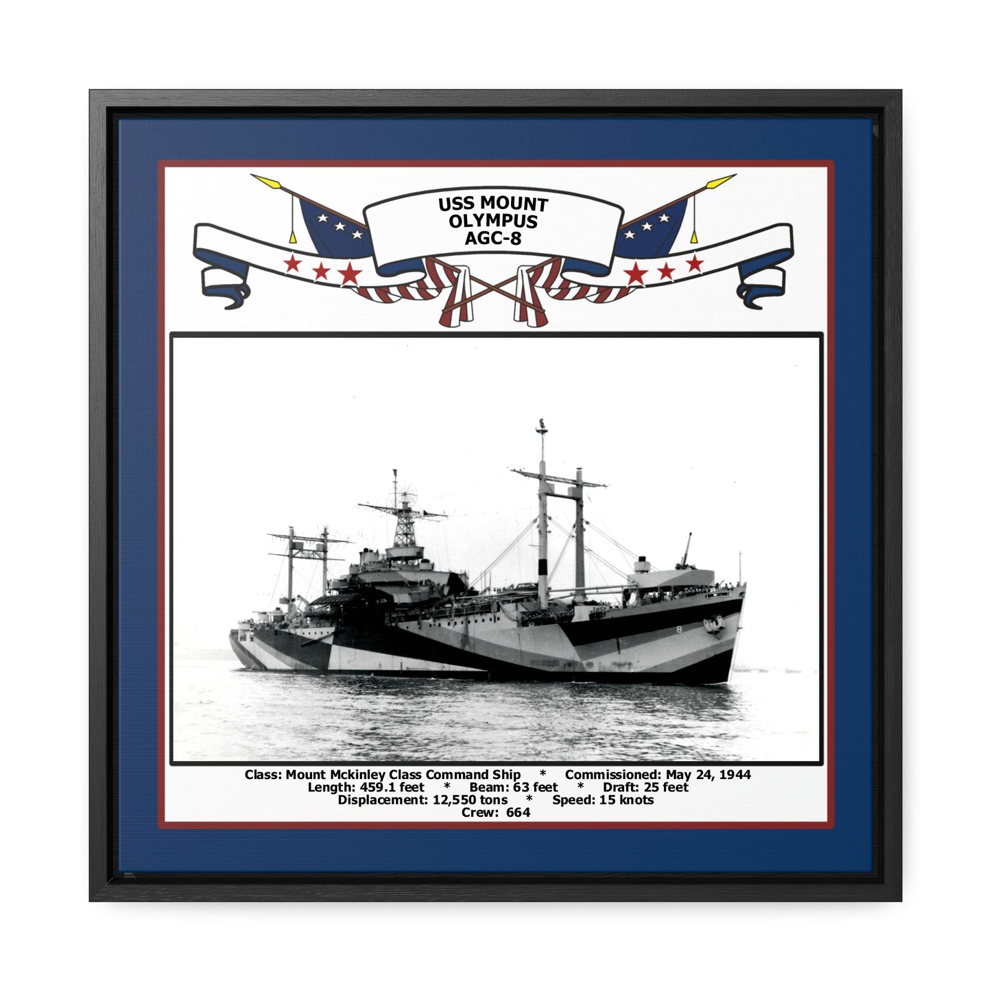 USS Mount Olympus AGC-8 Navy Floating Frame Photo Front View