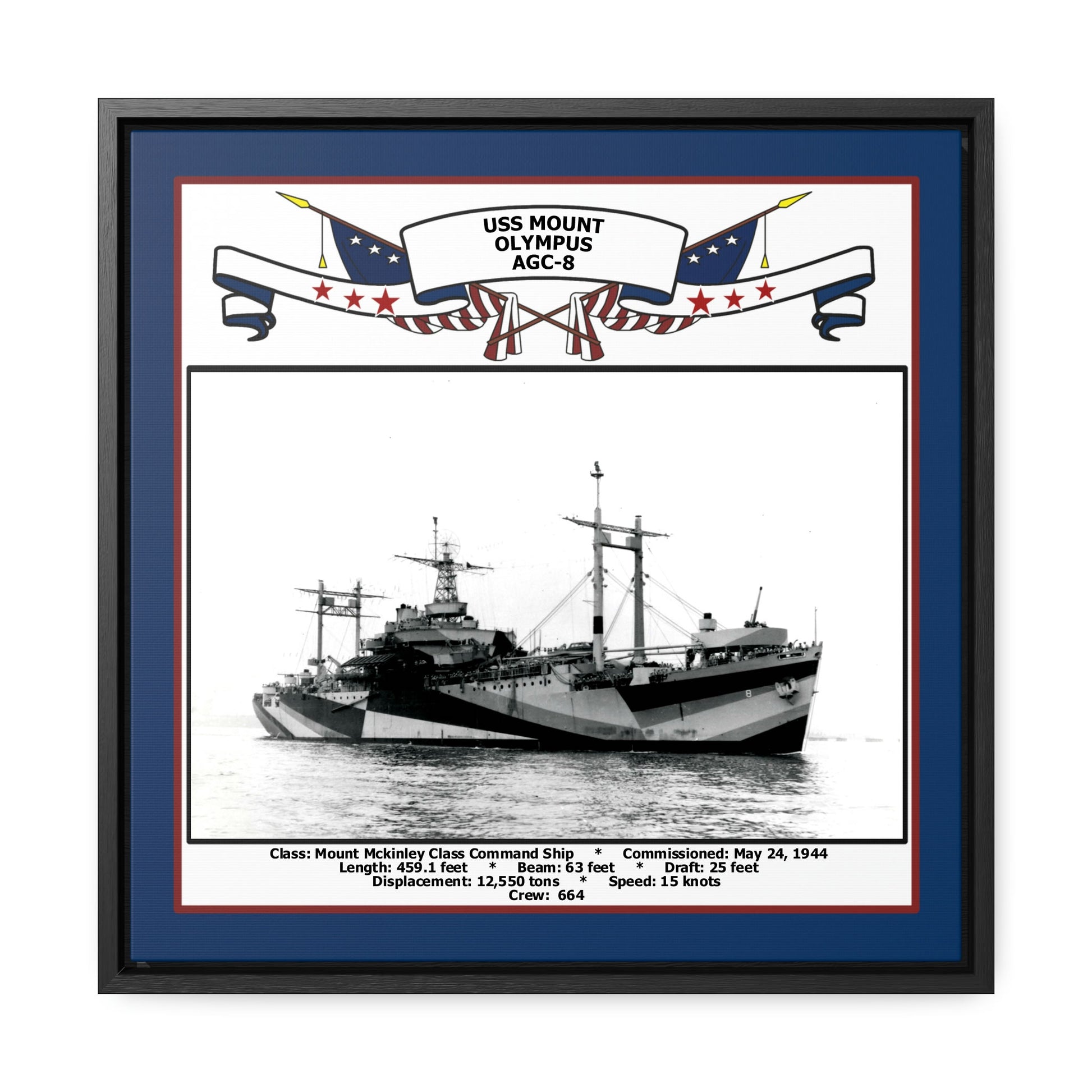 USS Mount Olympus AGC-8 Navy Floating Frame Photo Front View