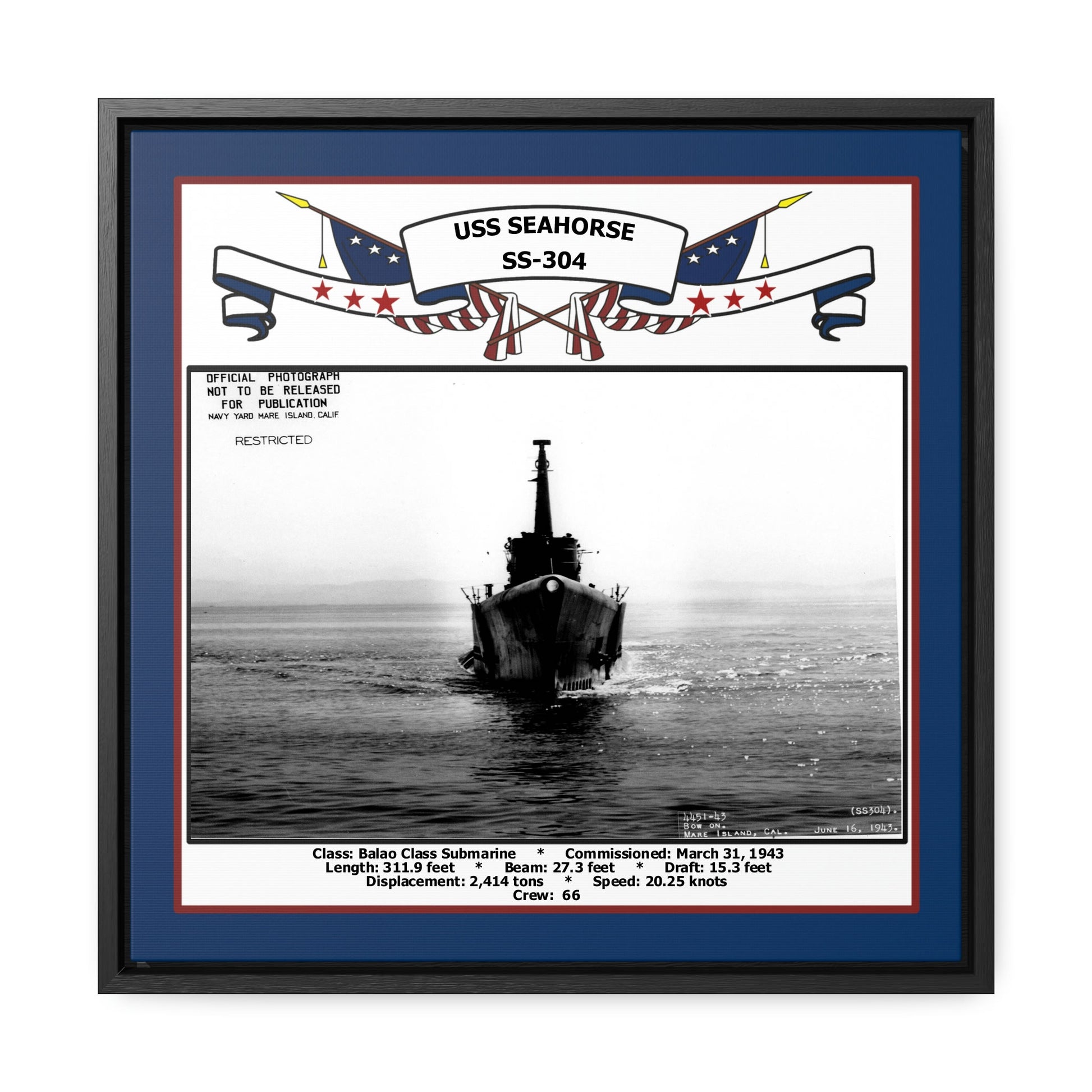 USS Seahorse SS-304 Navy Floating Frame Photo Front View