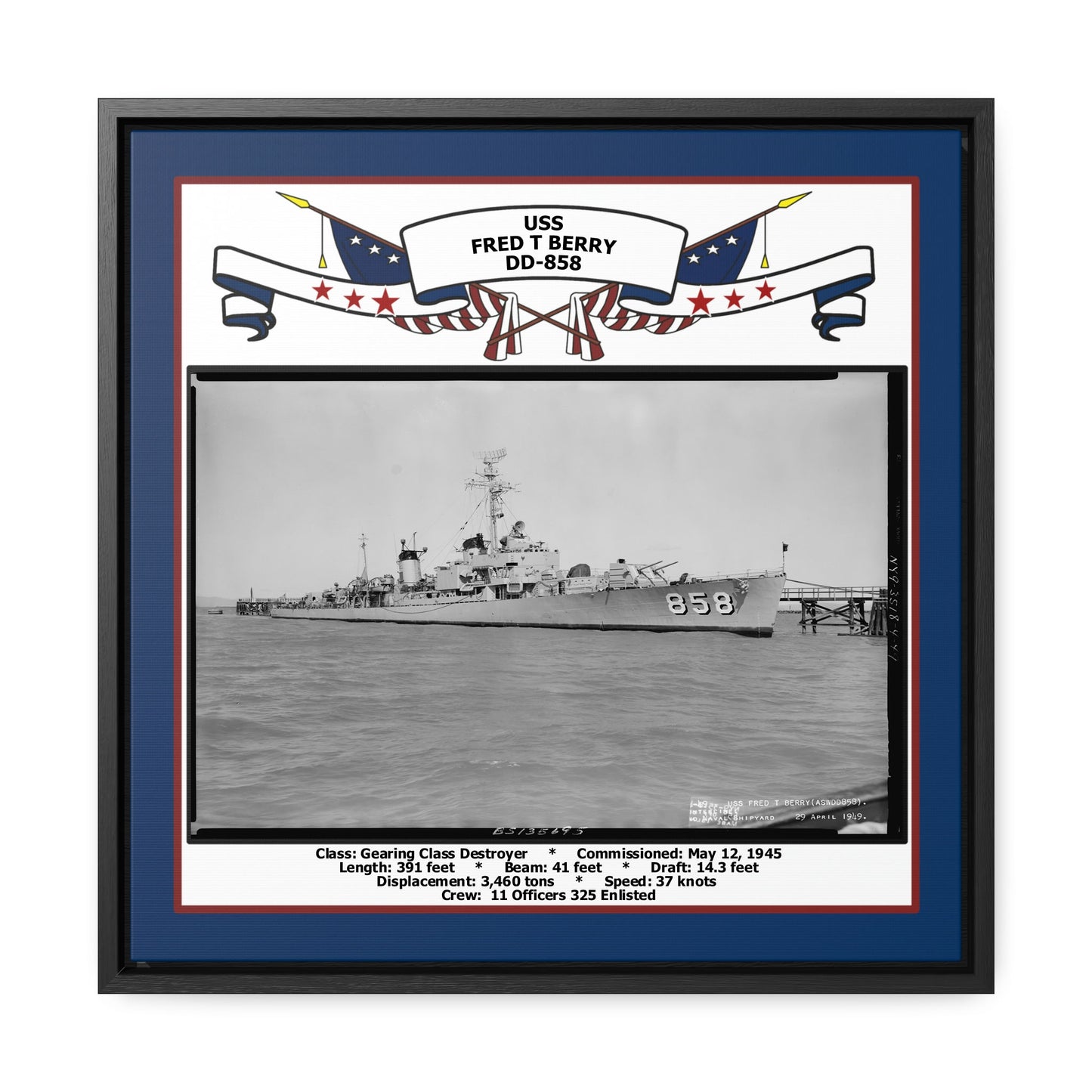USS Fred T Berry DD-858 Navy Floating Frame Photo Front View