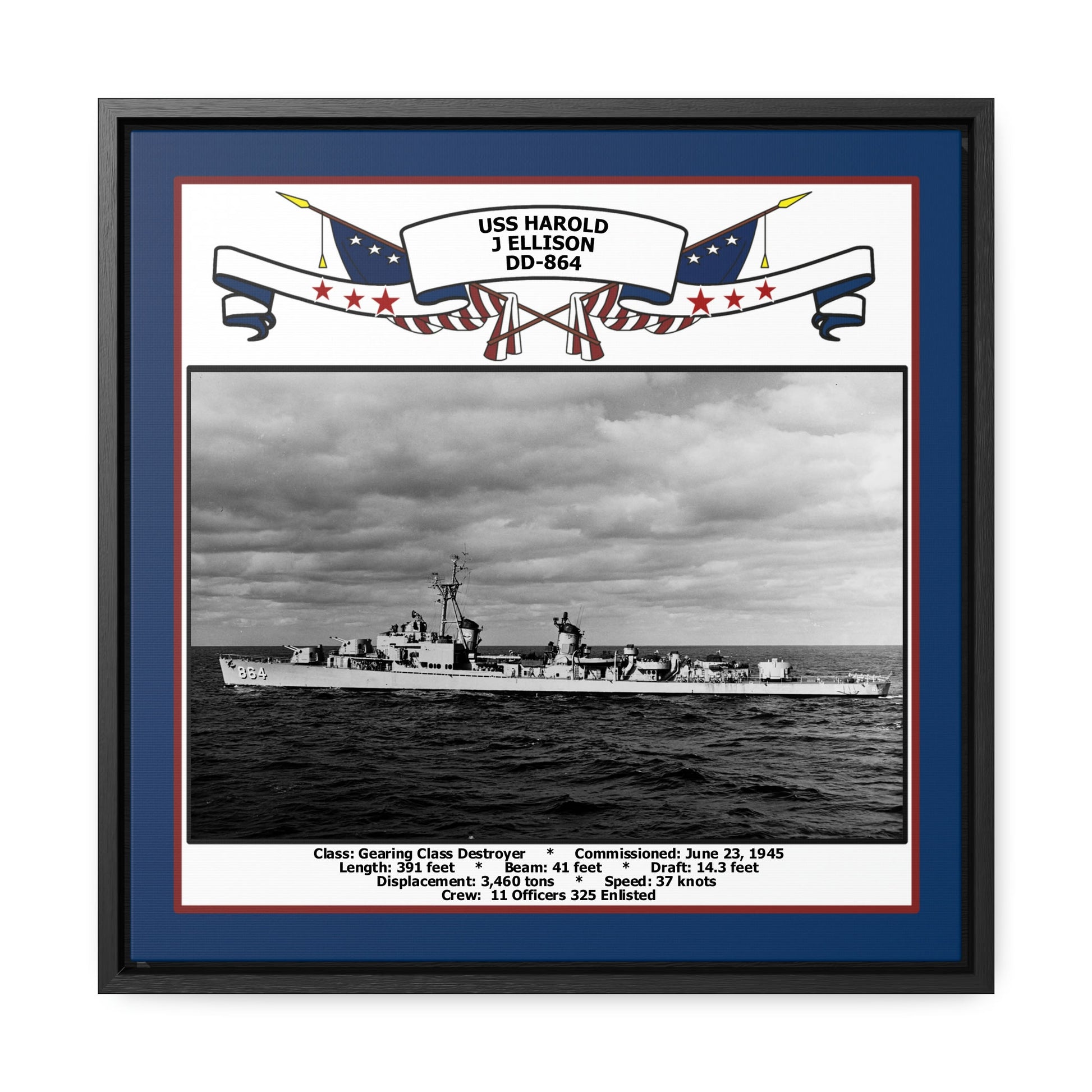 USS Harold J Ellison DD-864 Navy Floating Frame Photo Front View