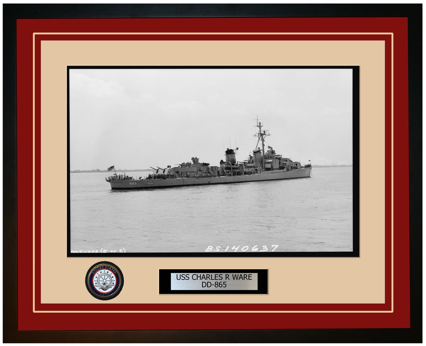 USS CHARLES R WARE DD-865 Framed Navy Ship Photo Burgundy