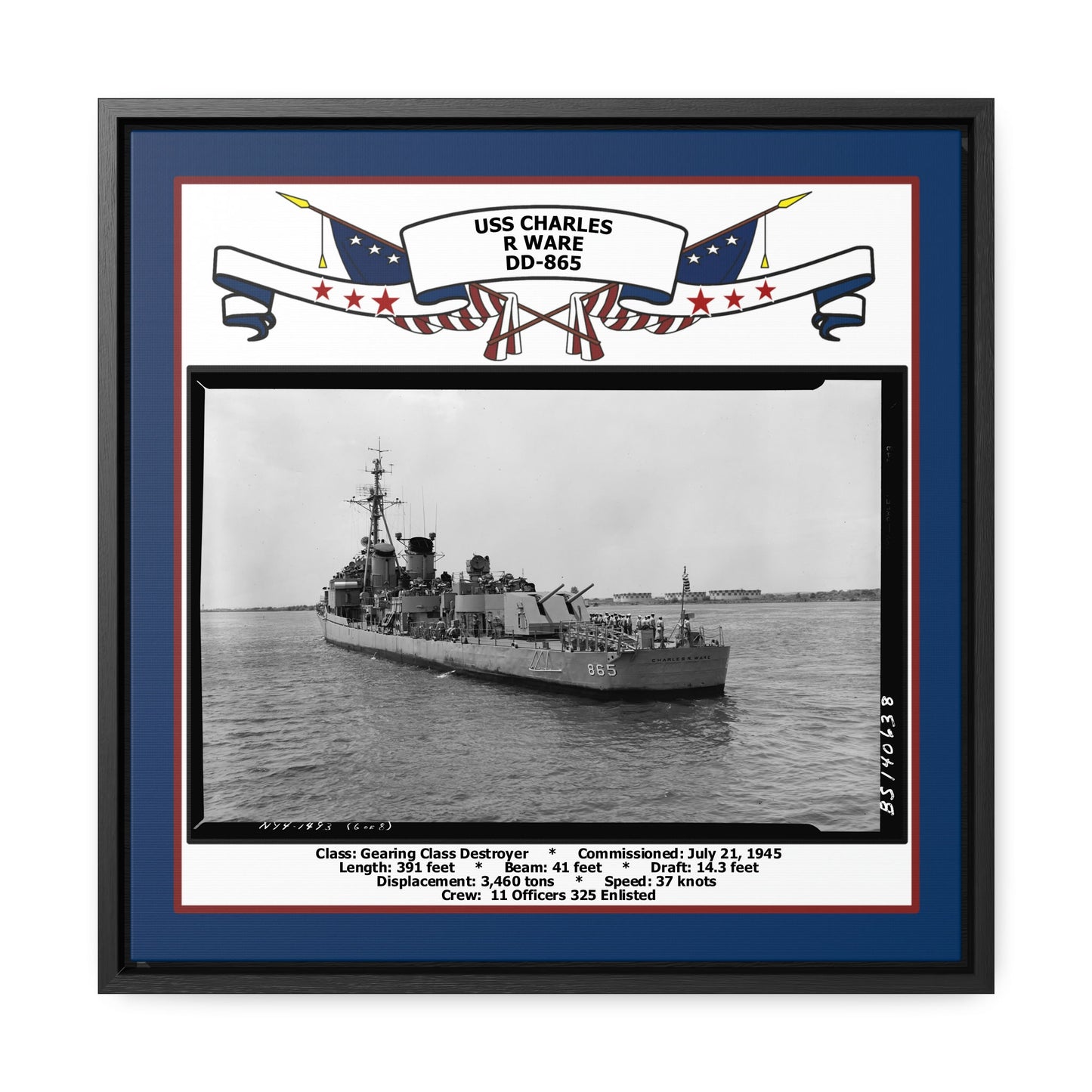 USS Charles R Ware DD-865 Navy Floating Frame Photo Front View