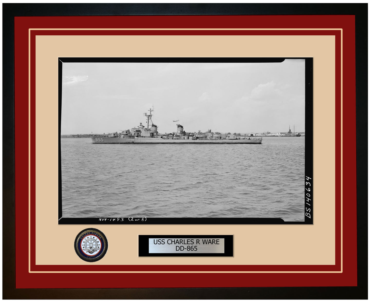 USS CHARLES R WARE DD-865 Framed Navy Ship Photo Burgundy