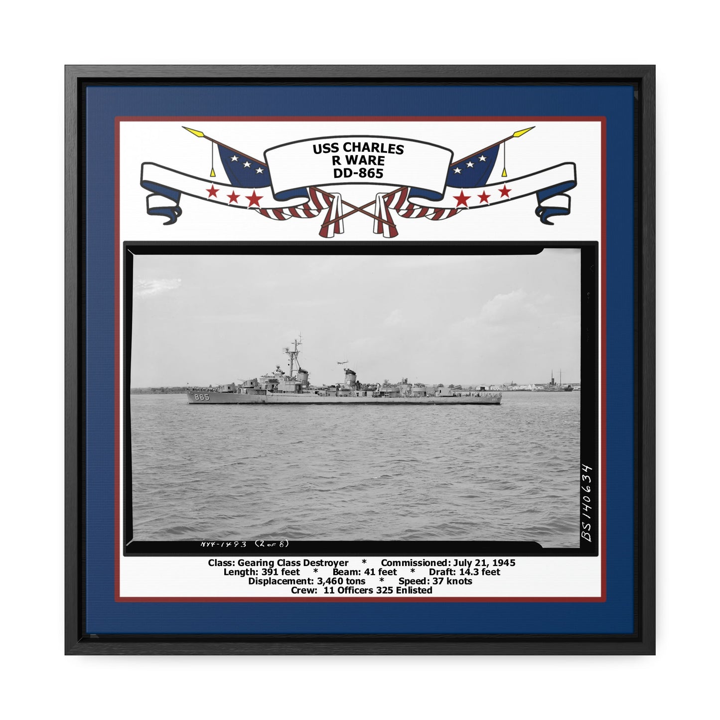USS Charles R Ware DD-865 Navy Floating Frame Photo Front View