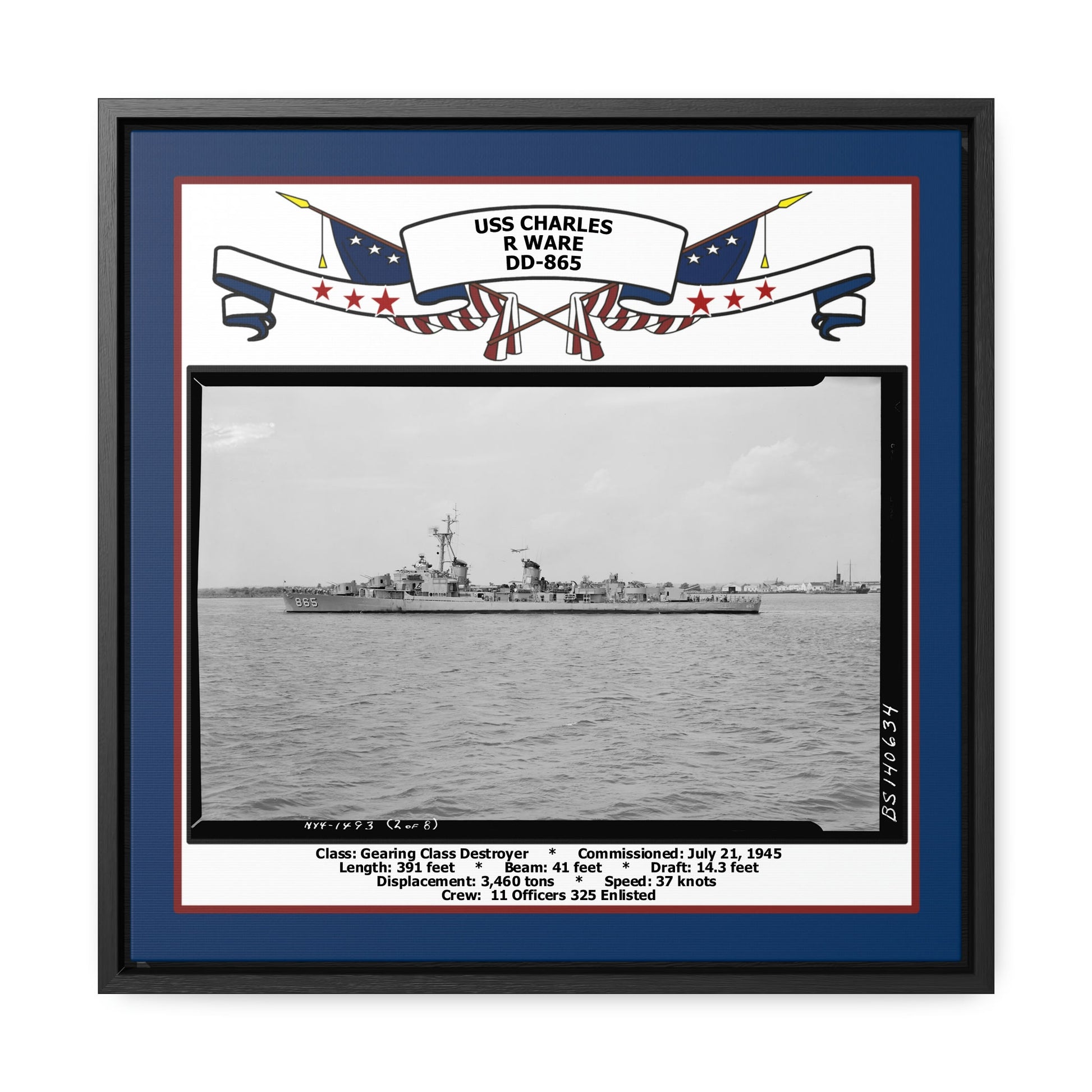 USS Charles R Ware DD-865 Navy Floating Frame Photo Front View