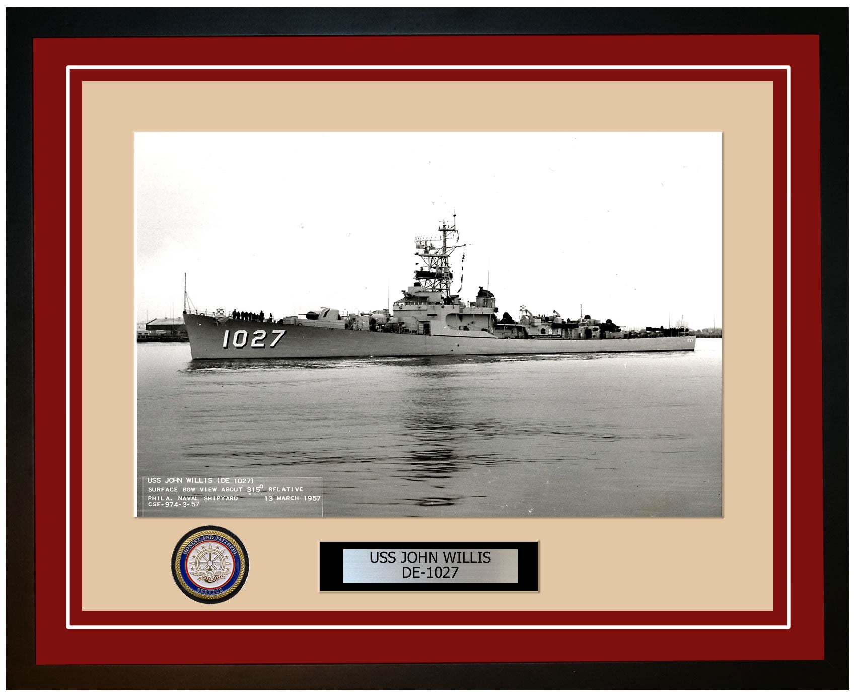 USS John Willis DE-1027 Framed Navy Ship Photo Burgundy