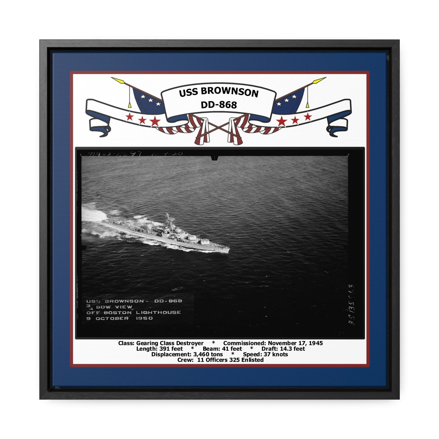 USS Brownson DD-868 Navy Floating Frame Photo Front View