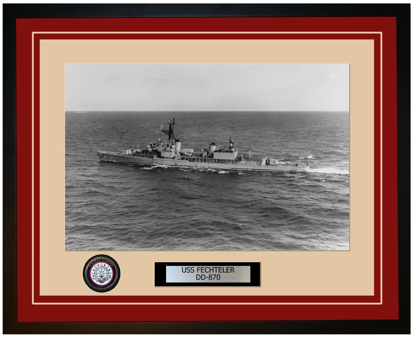 USS FECHTELER DD-870 Framed Navy Ship Photo Burgundy