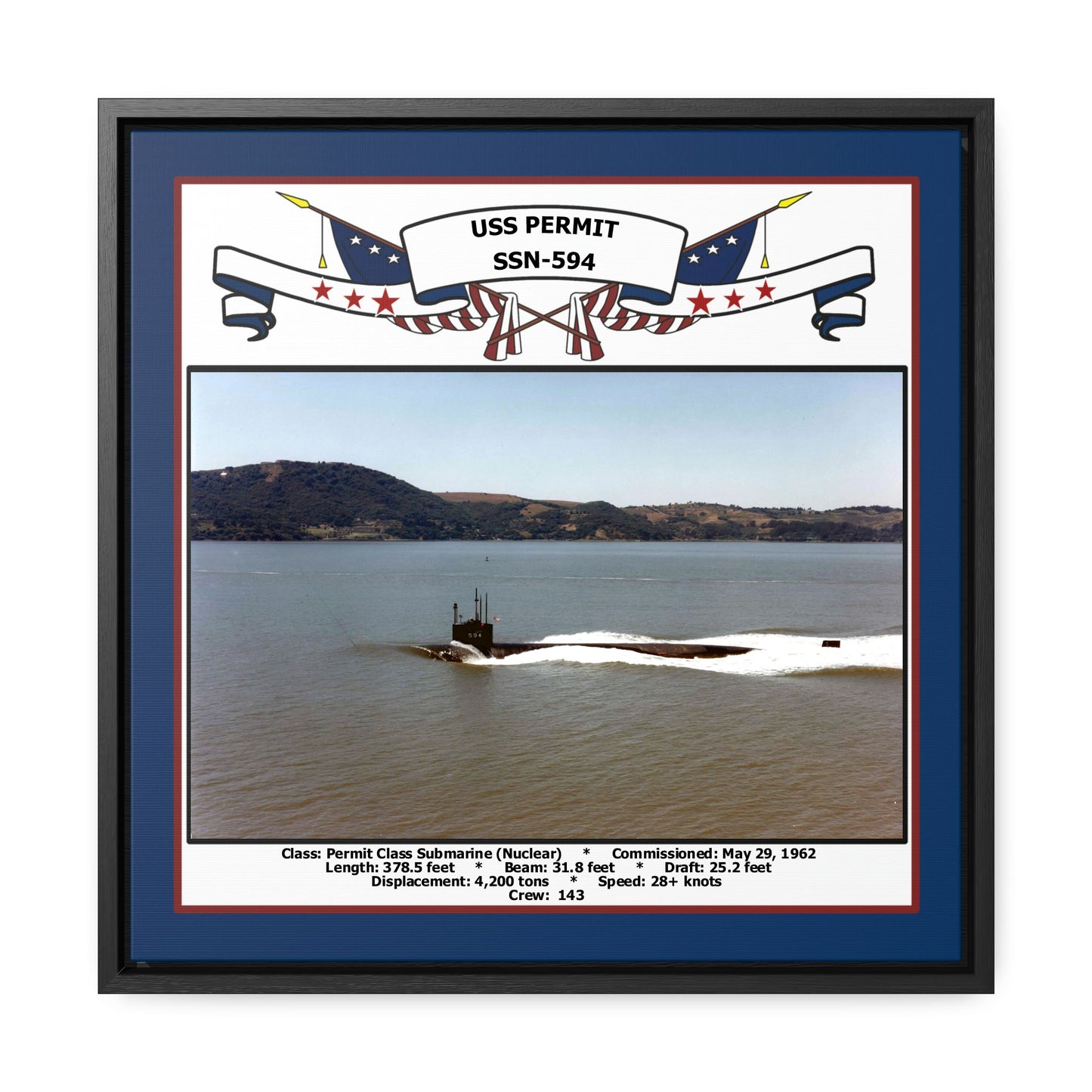 USS Permit SSN-594 Navy Floating Frame Photo Front View