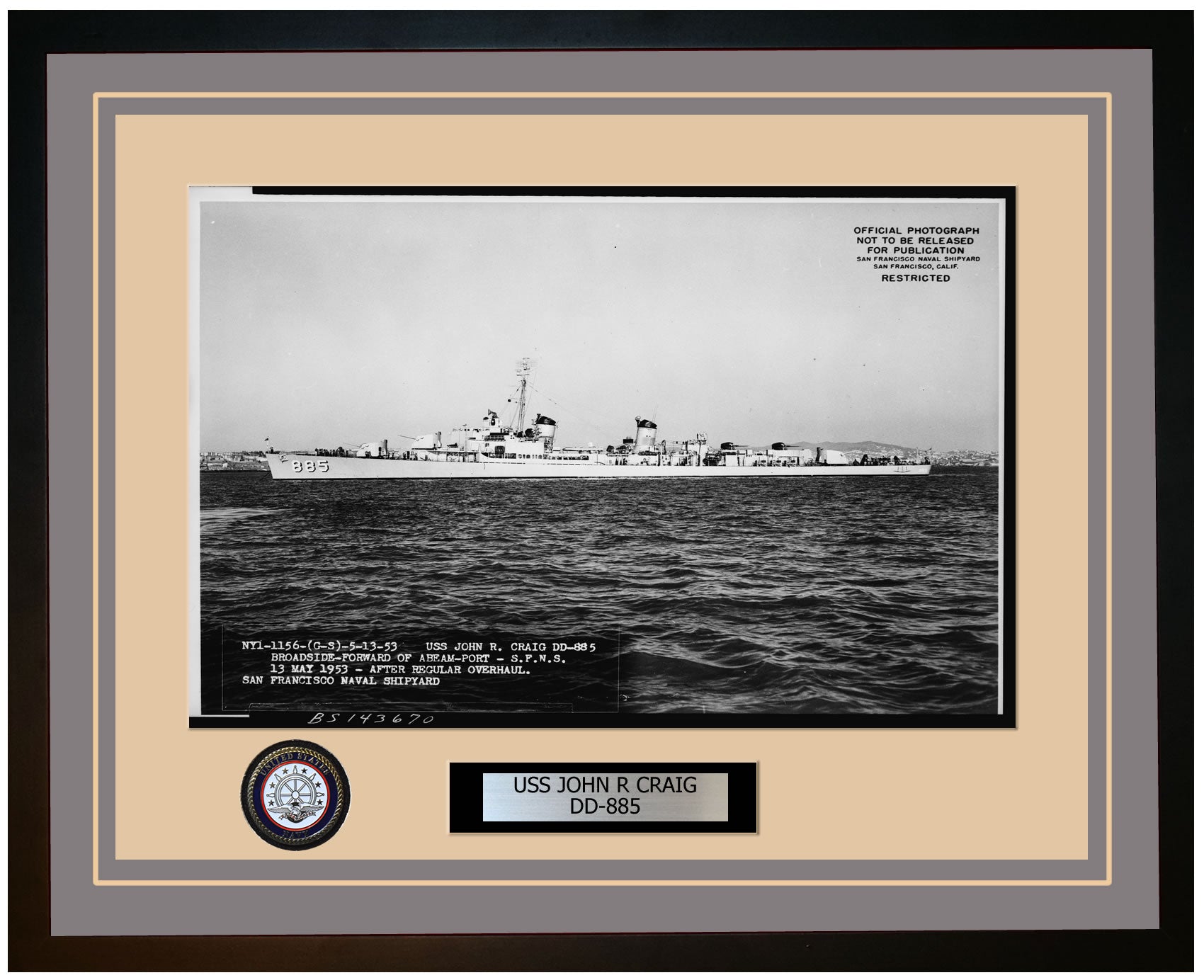 USS JOHN R CRAIG DD-885 Framed Navy Ship Photo Grey
