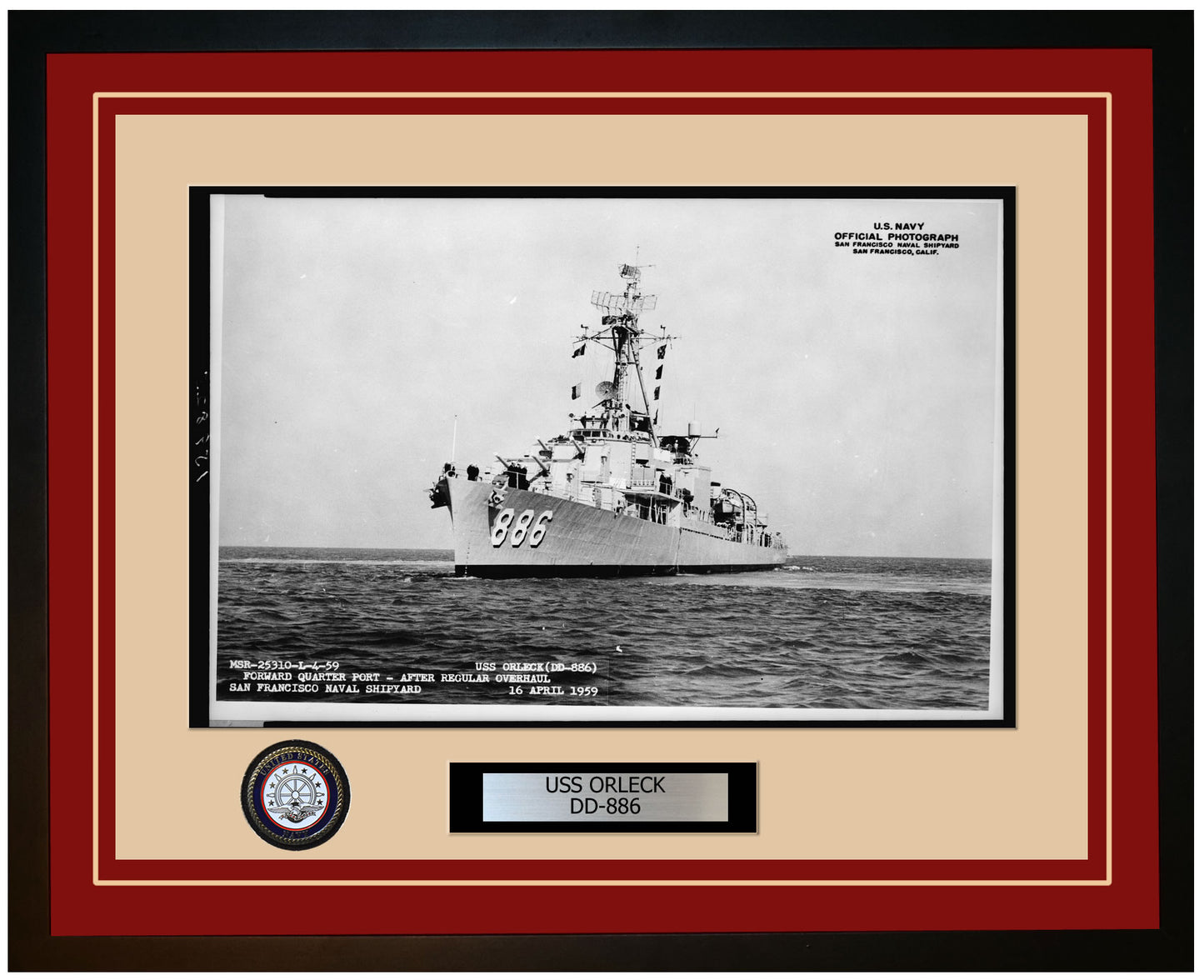 USS ORLECK DD-886 Framed Navy Ship Photo Burgundy