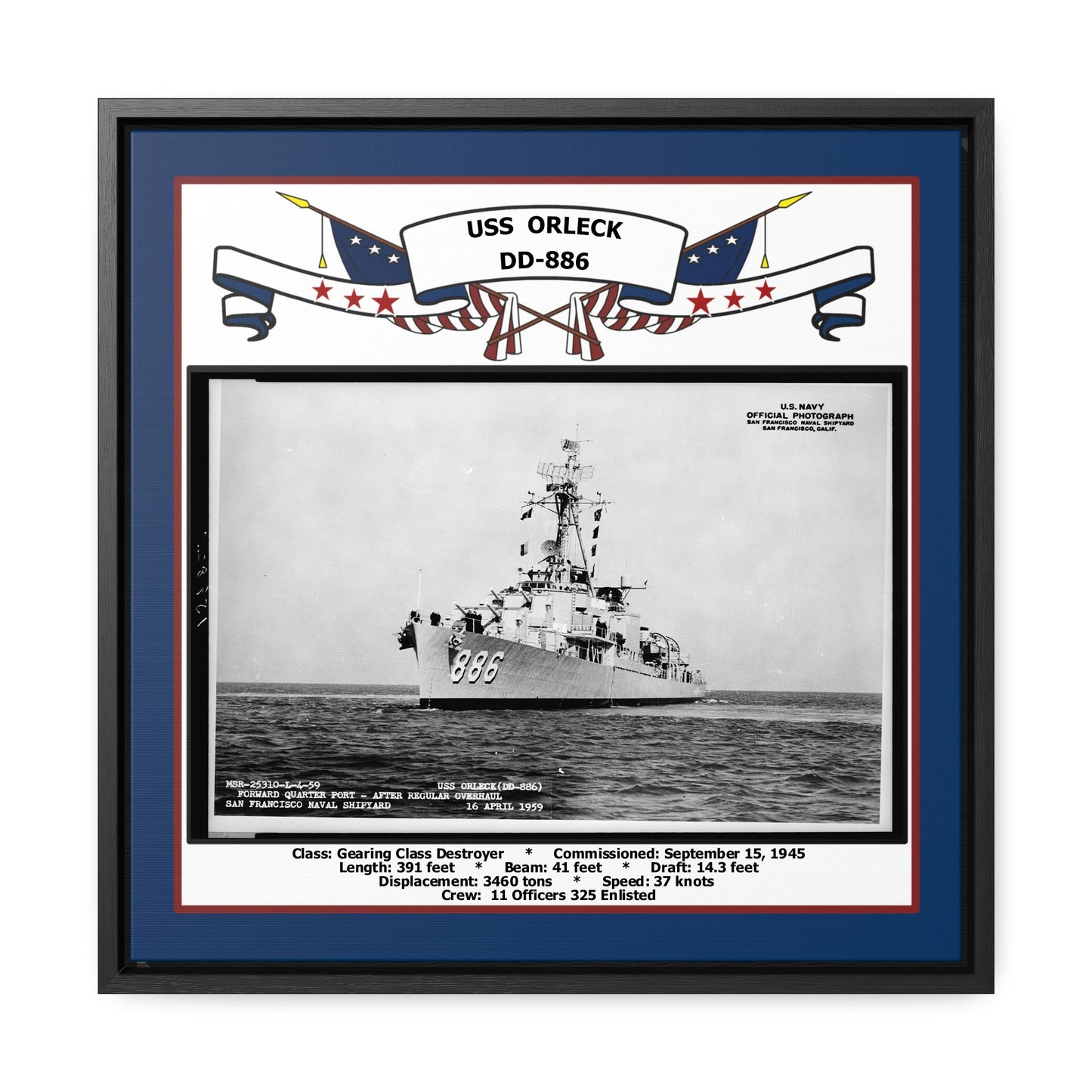 USS Orleck DD-886 Navy Floating Frame Photo Front View