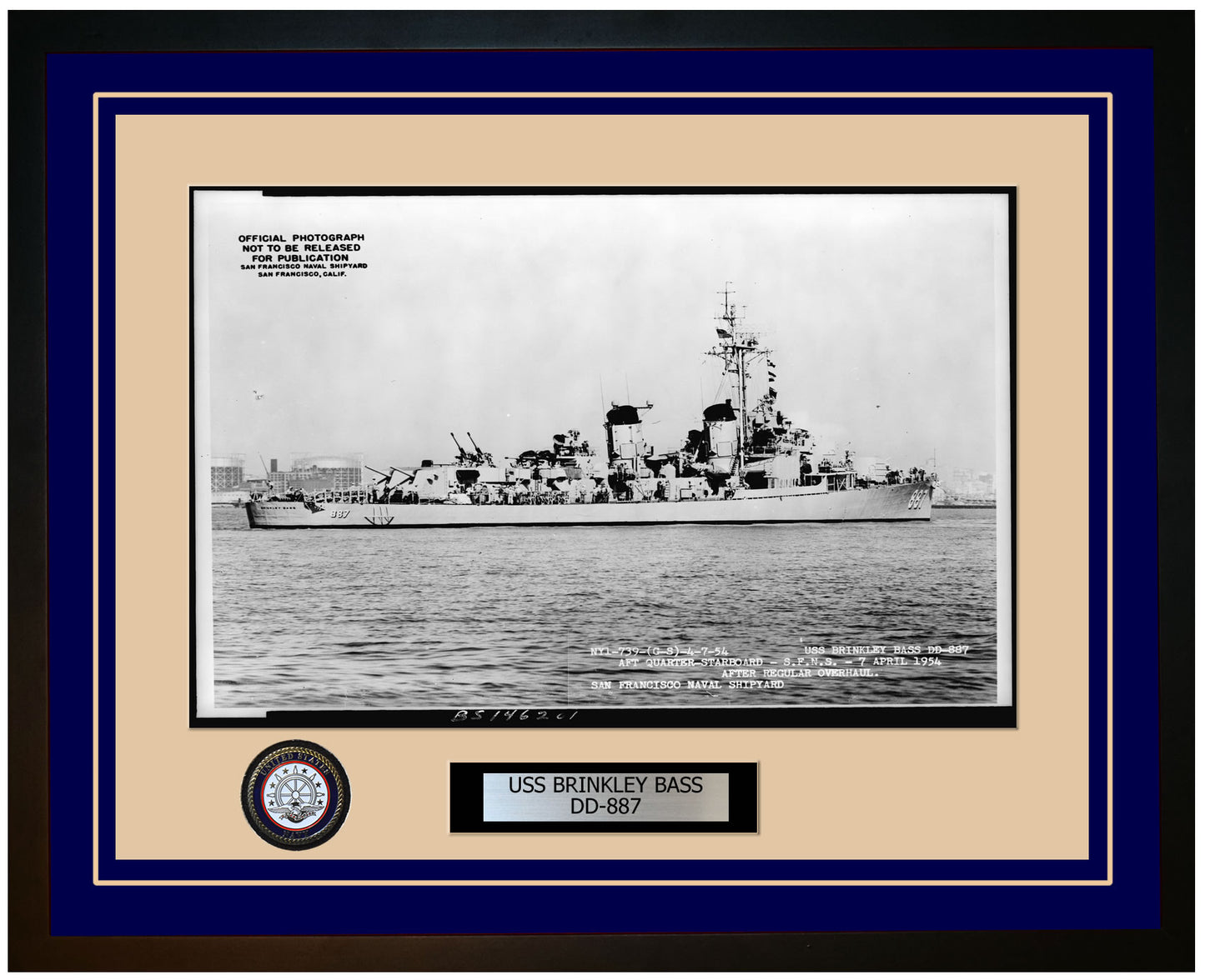 USS BRINKLEY BASS DD-887 Framed Navy Ship Photo Blue