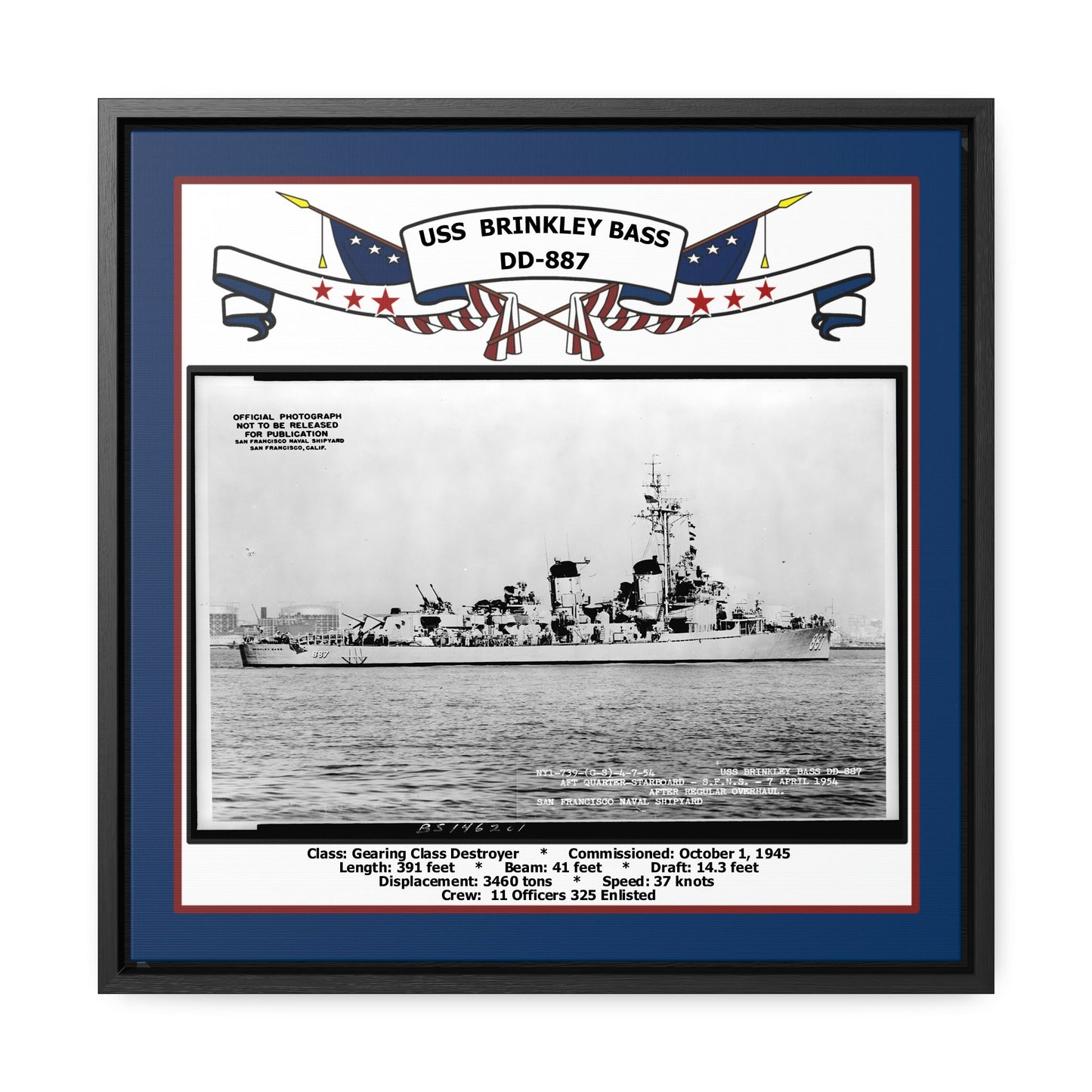 USS Brinkley Bass DD-887 Navy Floating Frame Photo Front View