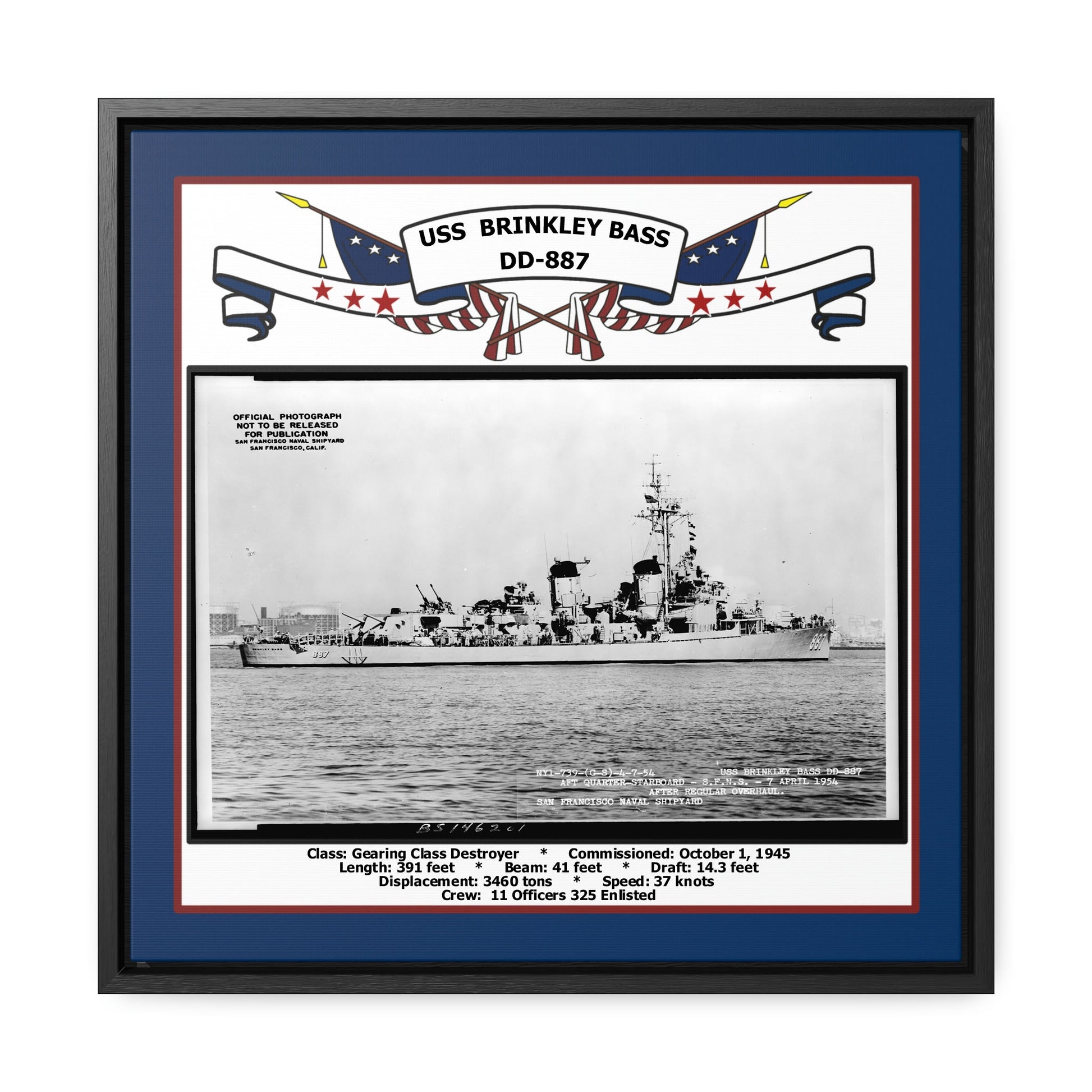 USS Brinkley Bass DD-887 Navy Floating Frame Photo Front View