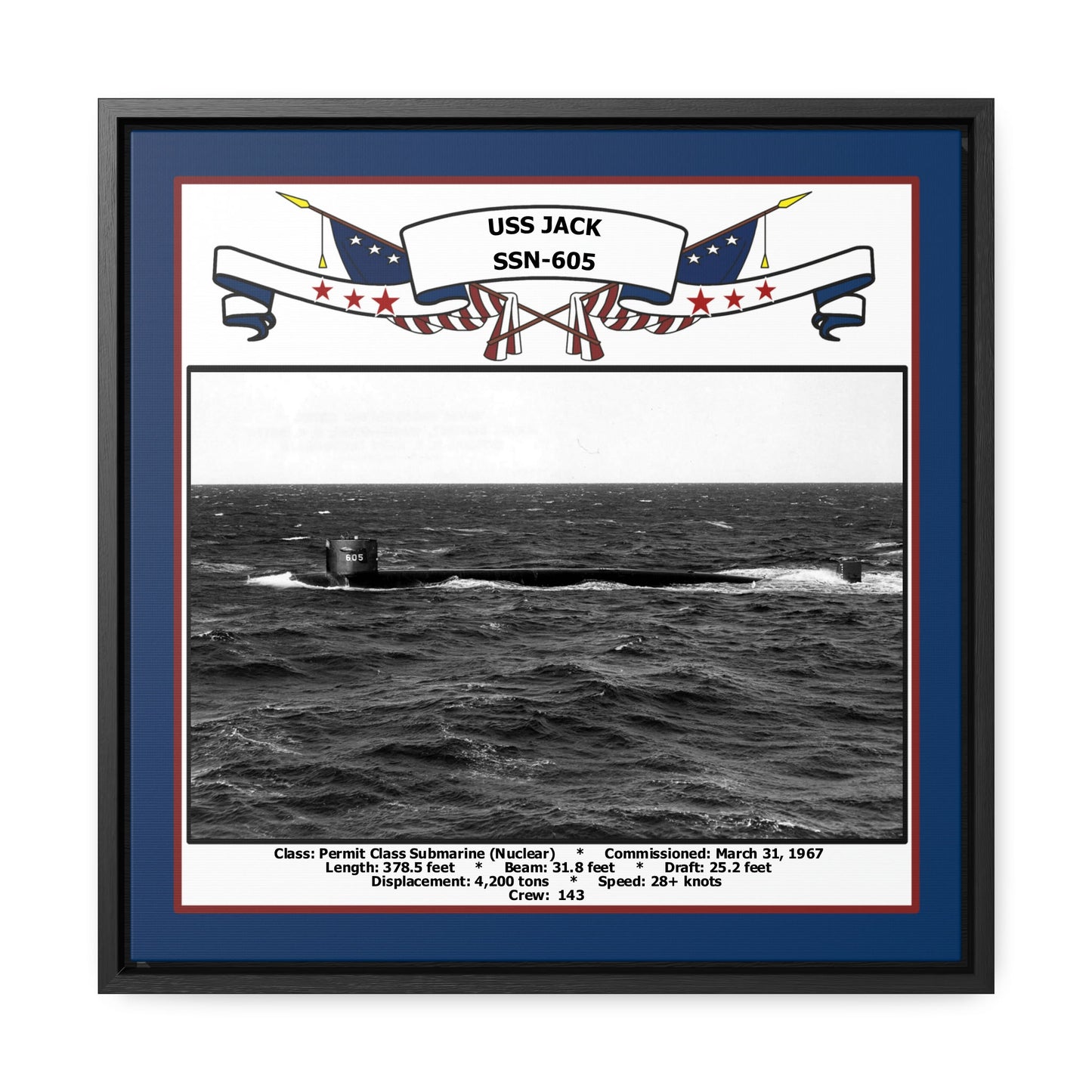 USS Jack SSN-605 Navy Floating Frame Photo Front View