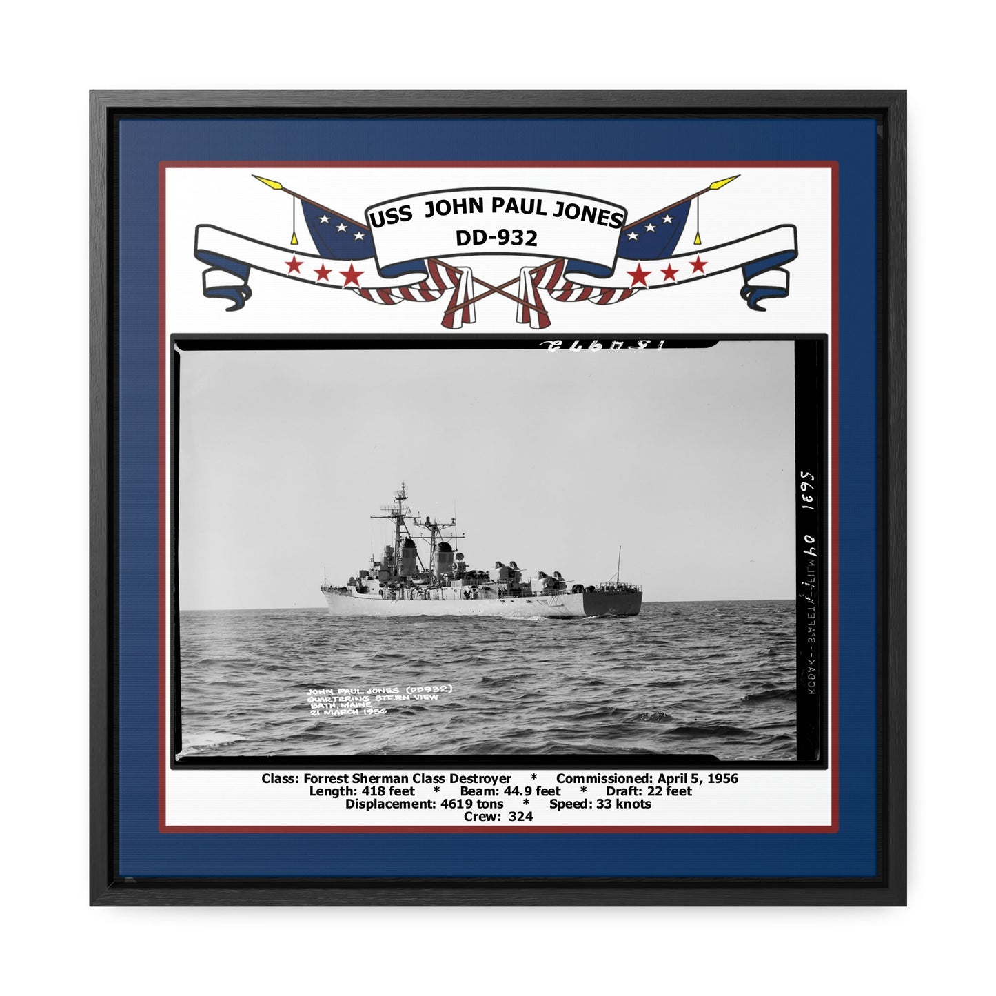 USS John Paul Jones DD-932 Navy Floating Frame Photo Front View