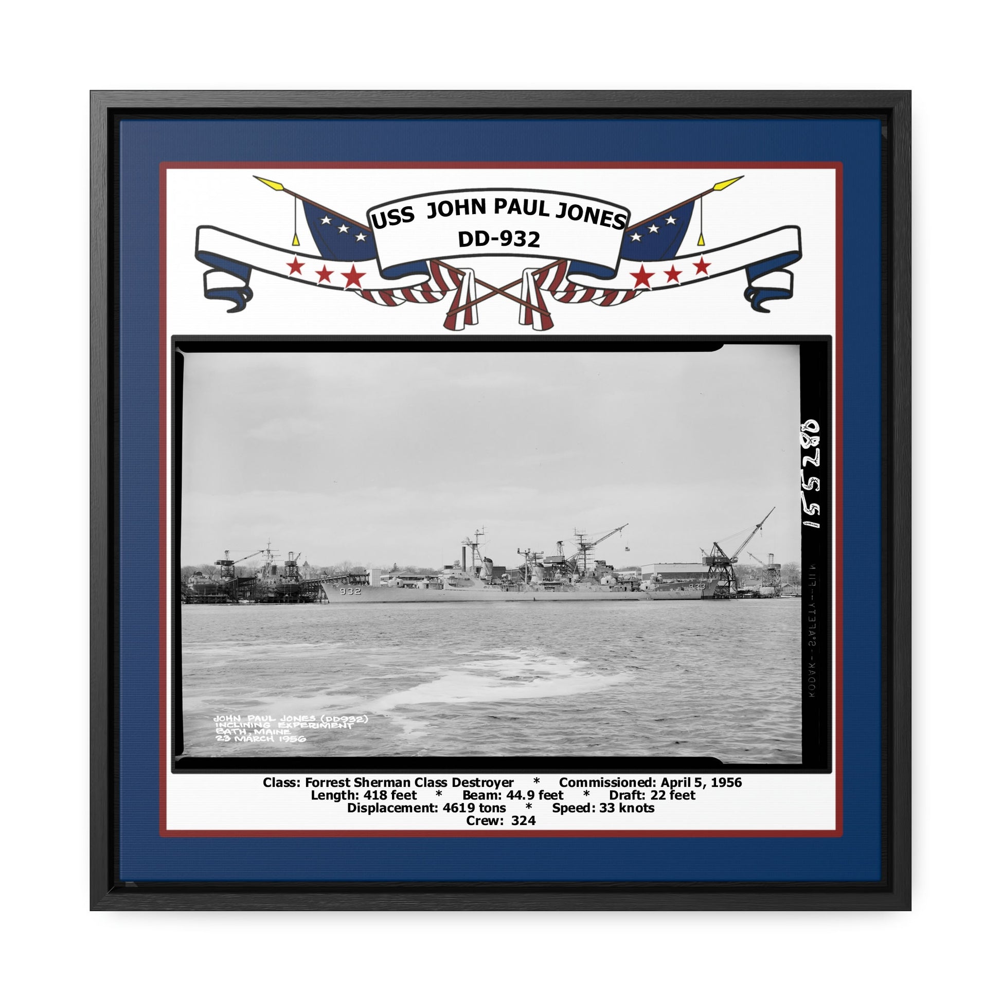 USS John Paul Jones DD-932 Navy Floating Frame Photo Front View