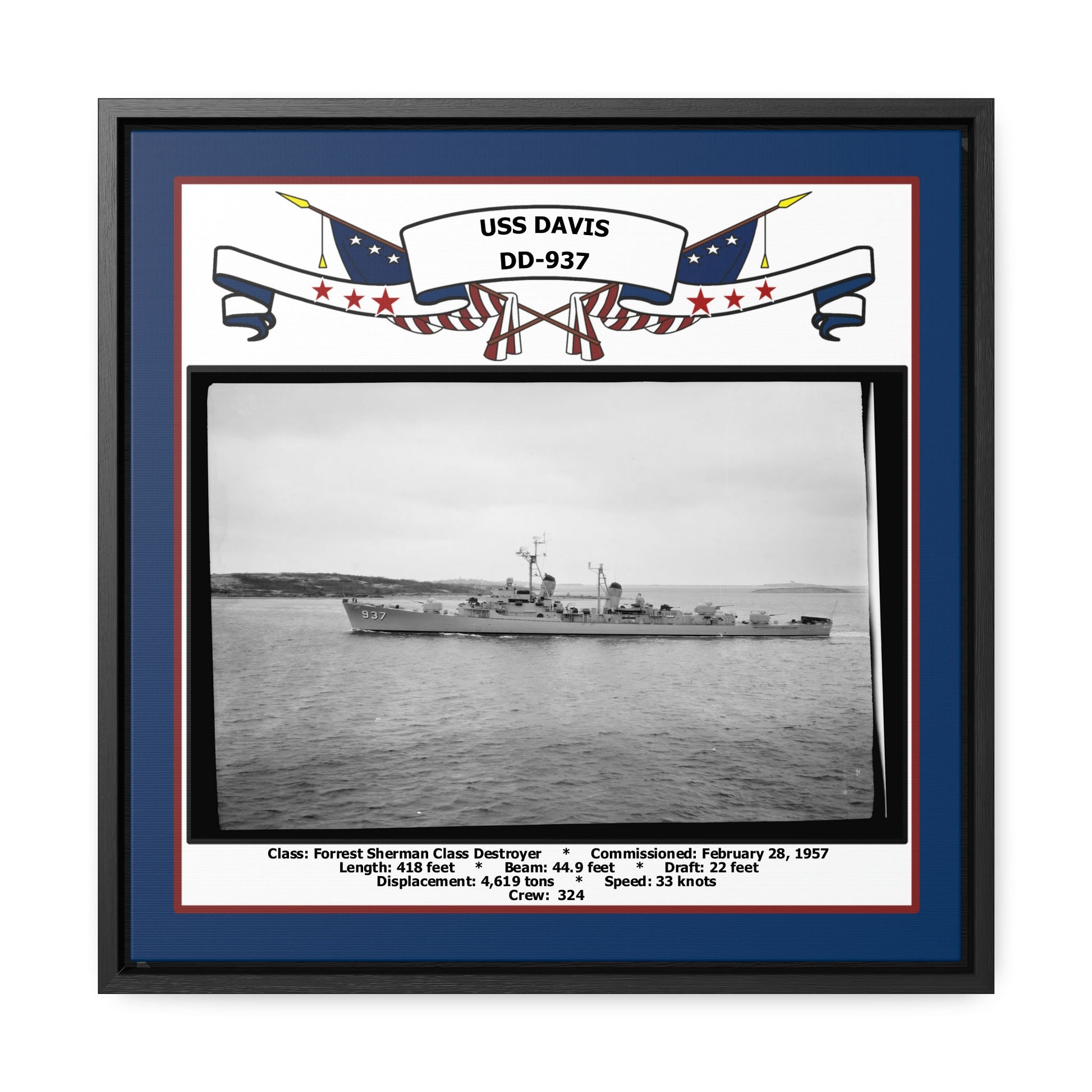 USS Davis DD-937 Navy Floating Frame Photo Front View