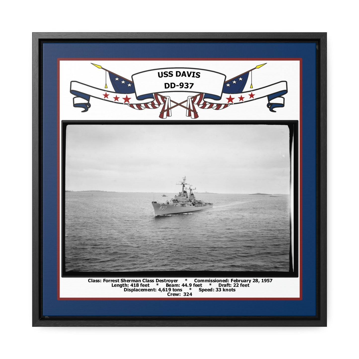 USS Davis DD-937 Navy Floating Frame Photo Front View
