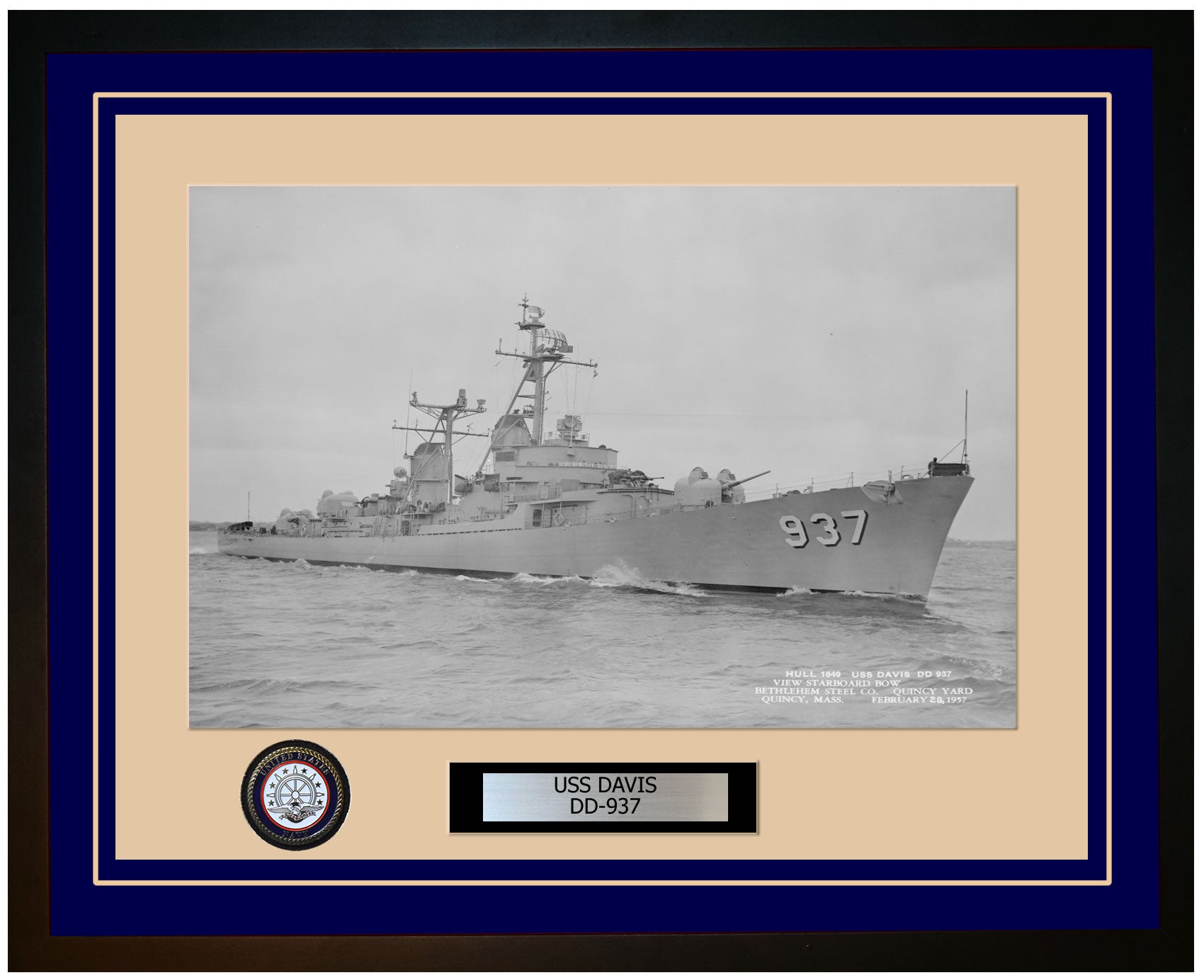 USS DAVIS DD-937 Framed Navy Ship Photo Blue