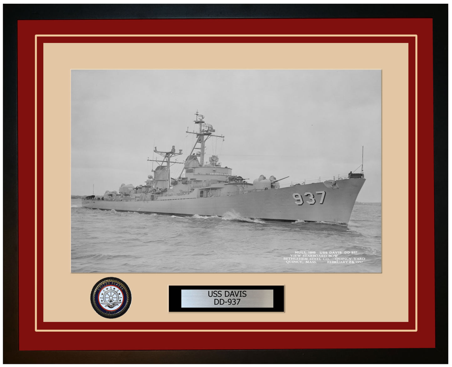 USS DAVIS DD-937 Framed Navy Ship Photo Burgundy