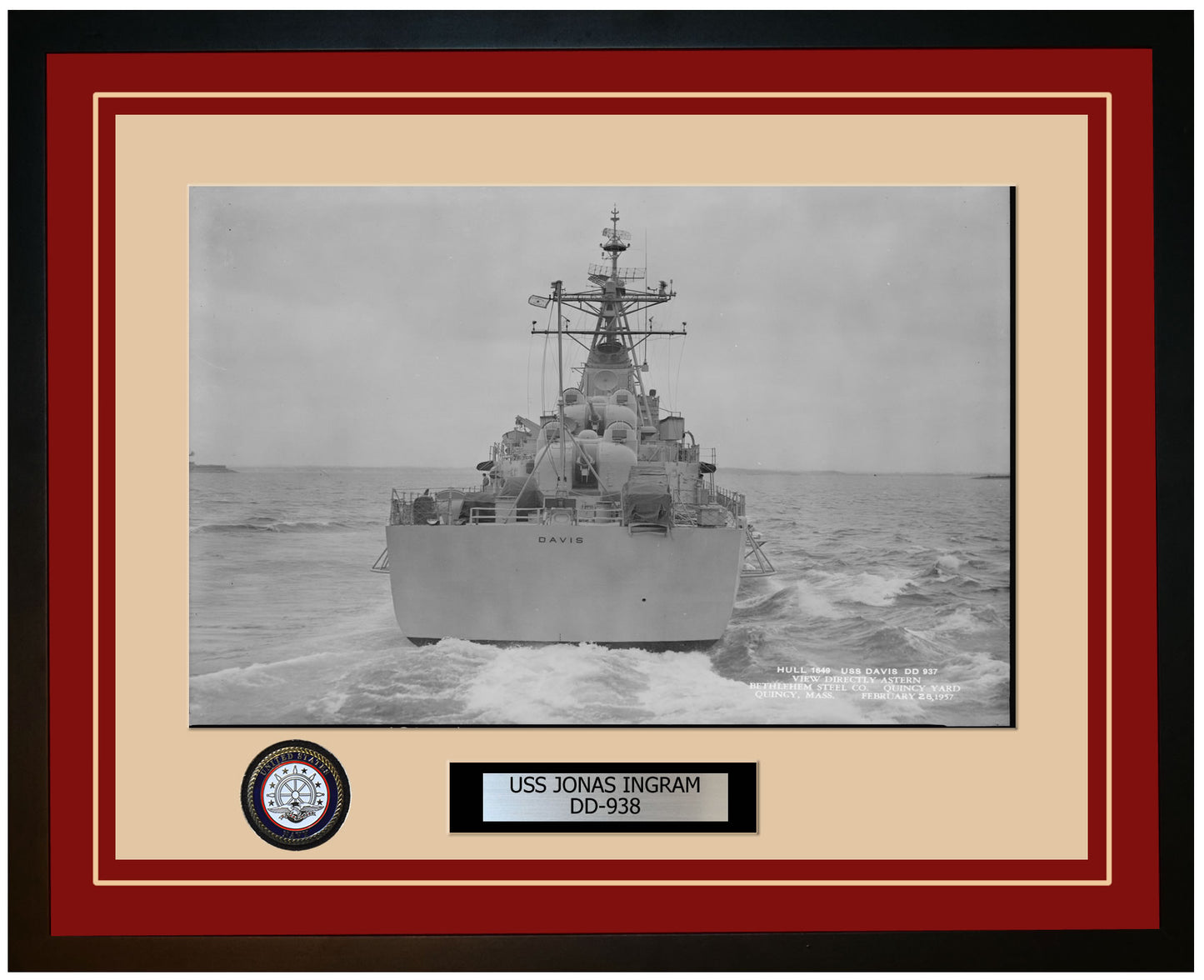 USS JONAS INGRAM DD-938 Framed Navy Ship Photo Burgundy
