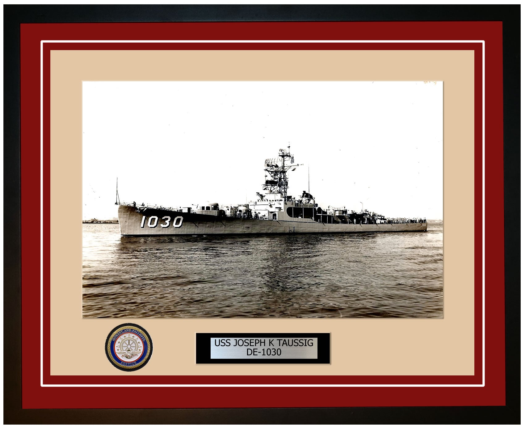 USS Joseph K Taussig DE-1030 Framed Navy Ship Photo Burgundy