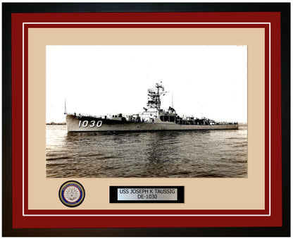 USS Joseph K Taussig DE-1030 Framed Navy Ship Photo Burgundy