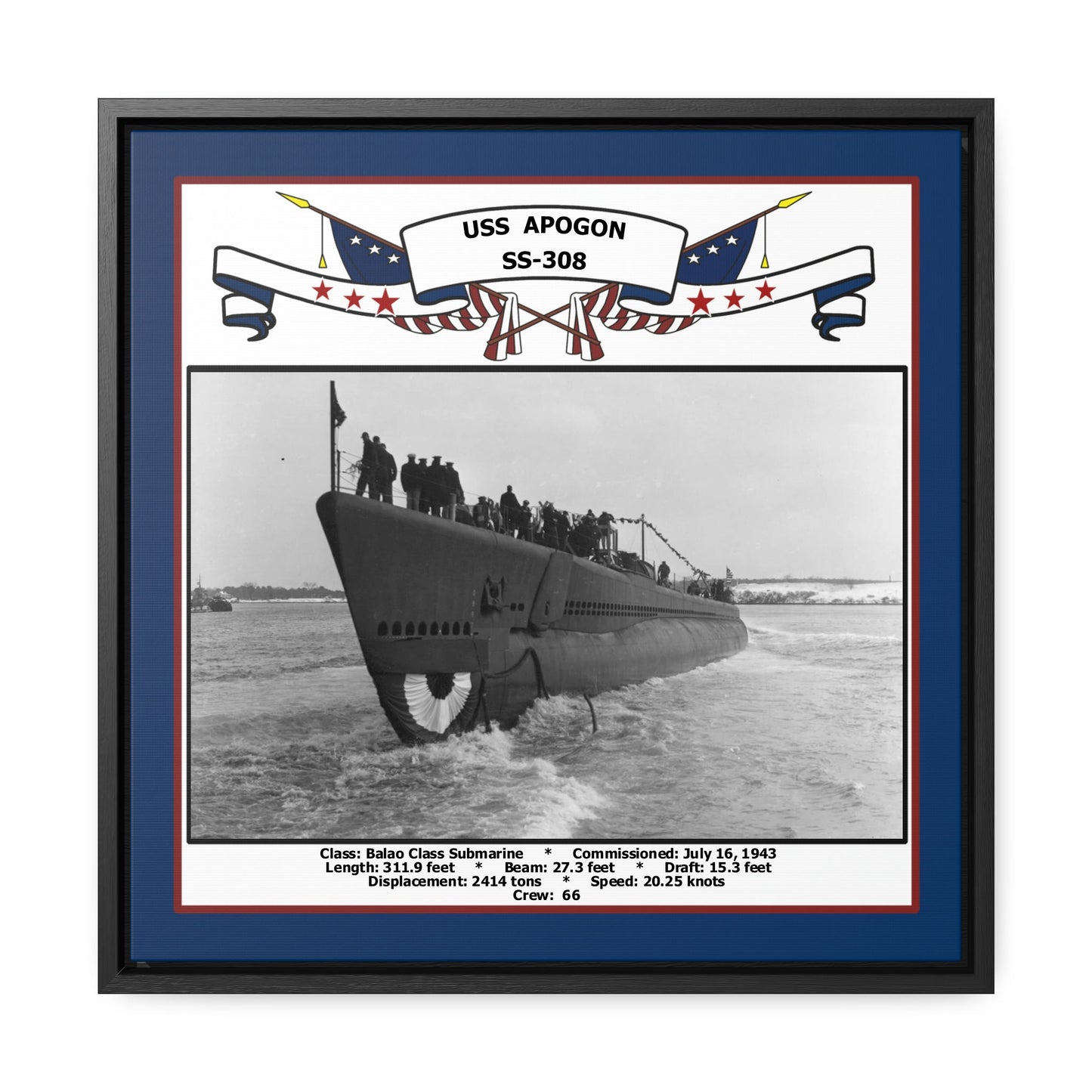 USS Apogon SS-308 Navy Floating Frame Photo Front View