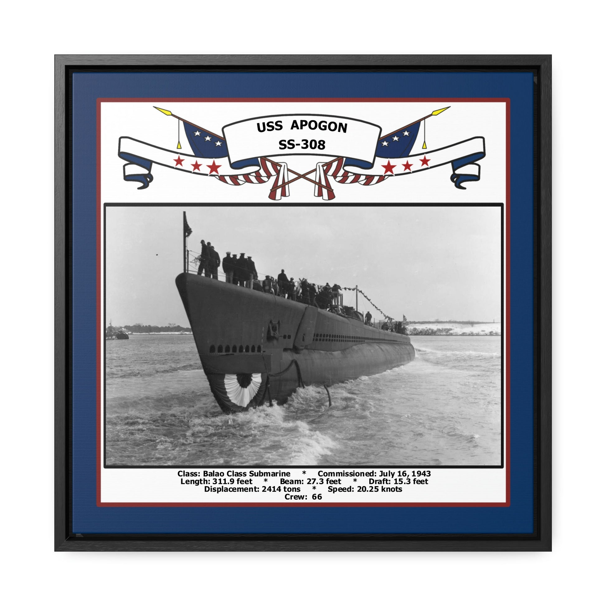 USS Apogon SS-308 Navy Floating Frame Photo Front View
