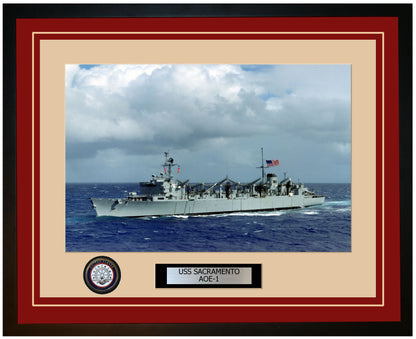 USS SACRAMENTO AOE-1 Framed Navy Ship Photo Burgundy