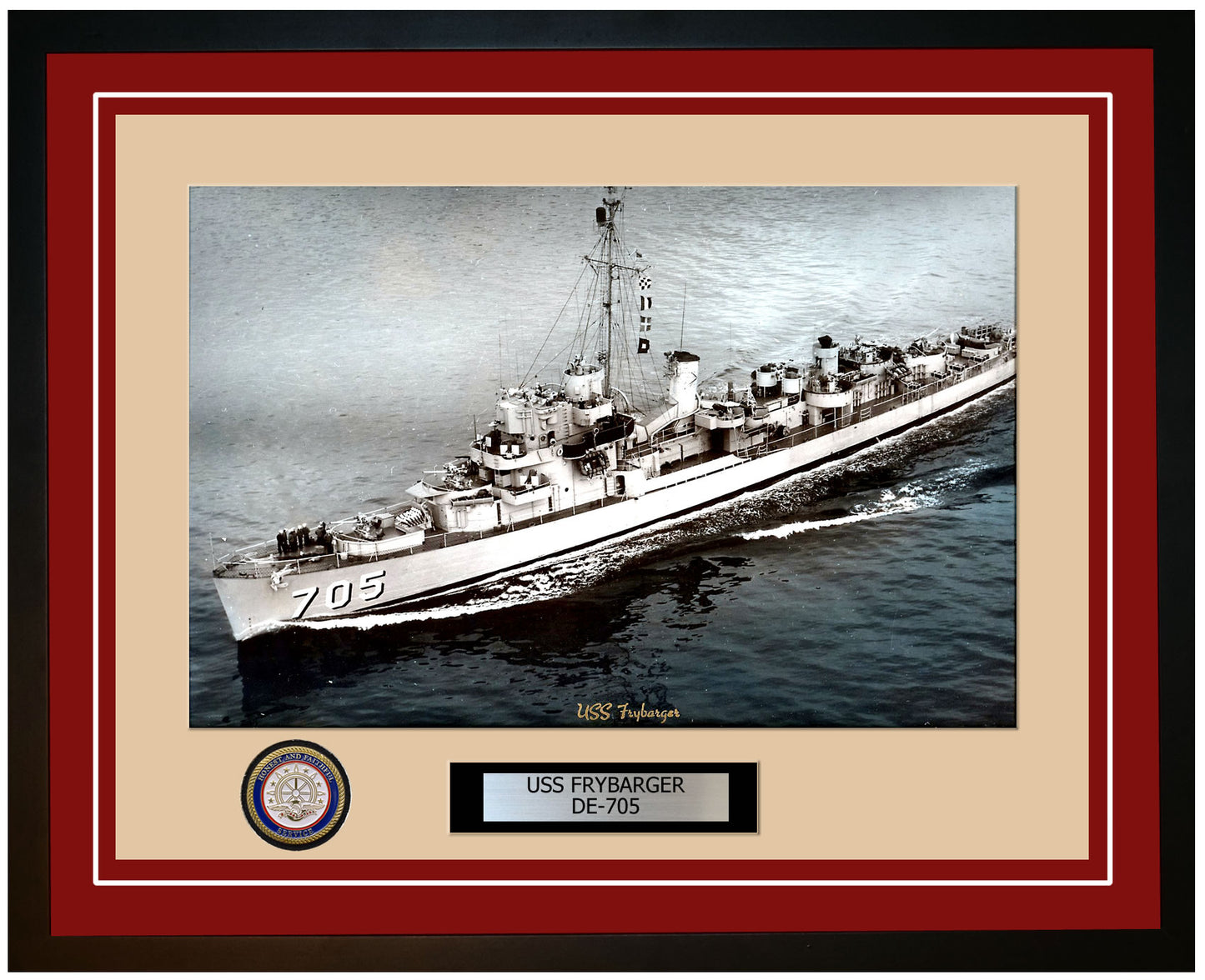 USS Frybarger DE-705 Framed Navy Ship Photo Burgundy