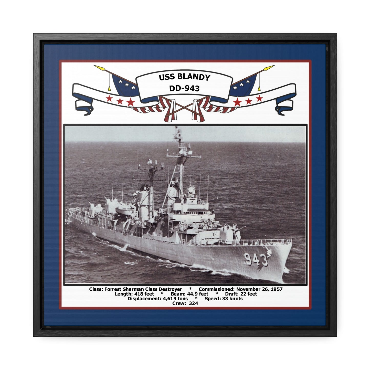 USS Blandy DD-943 Navy Floating Frame Photo Front View