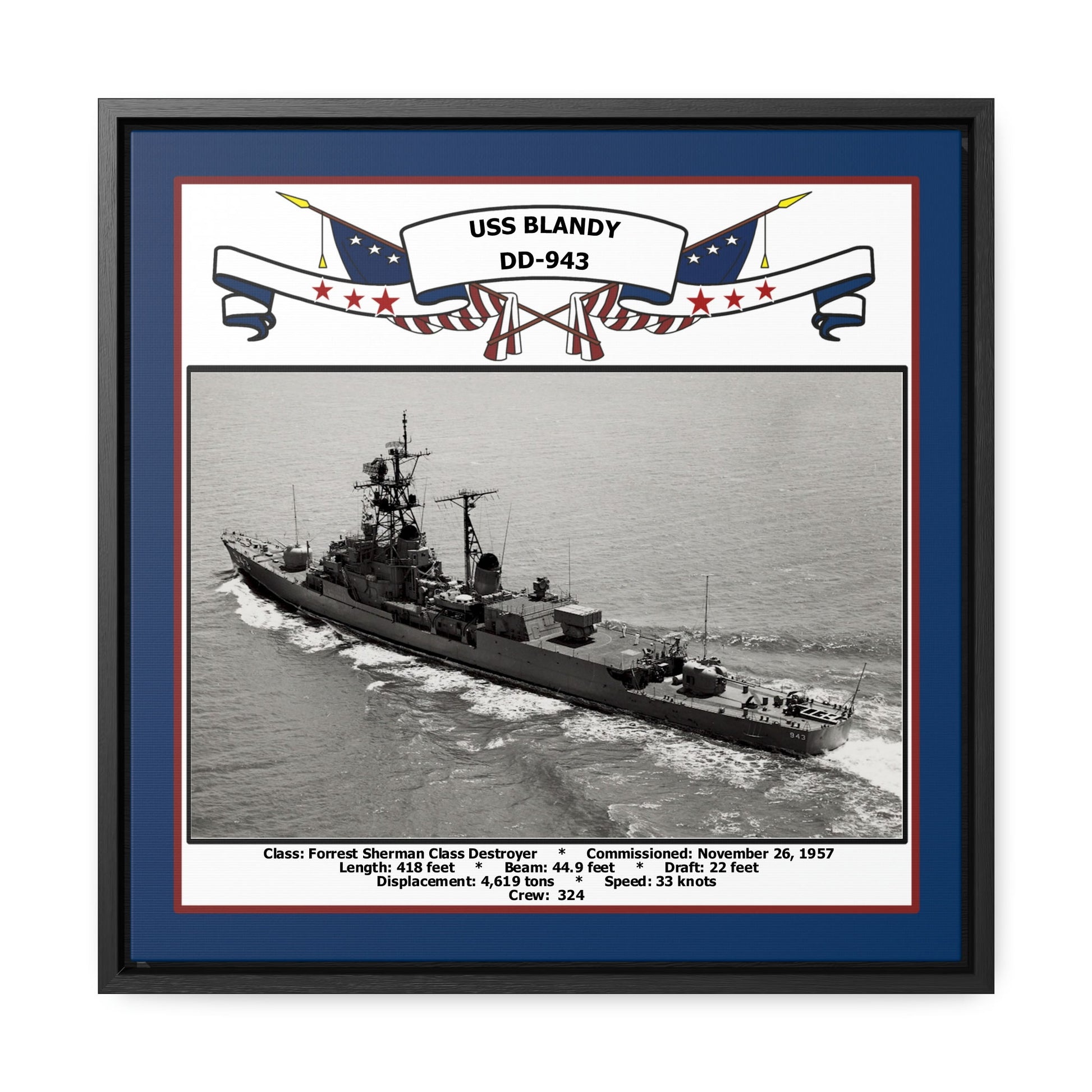 USS Blandy DD-943 Navy Floating Frame Photo Front View