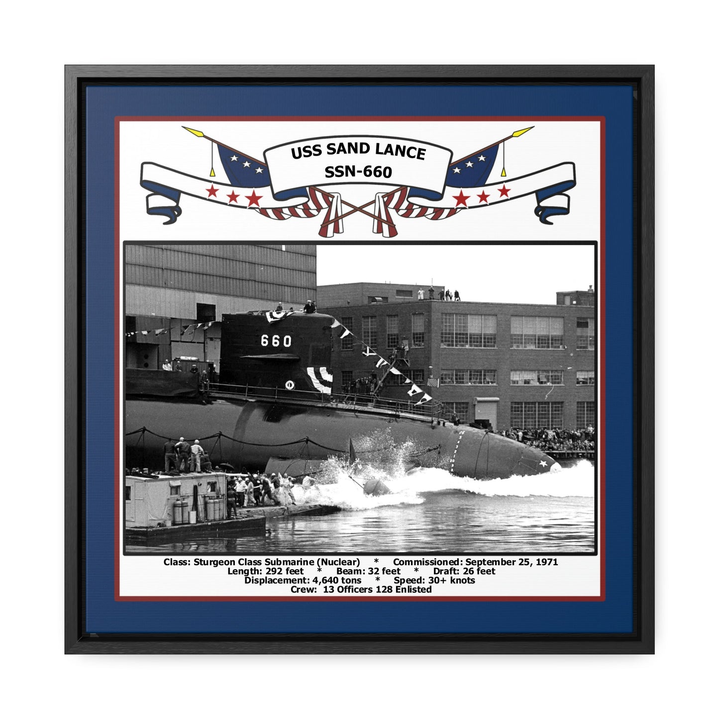 USS Sand Lance SSN-660 Navy Floating Frame Photo Front View